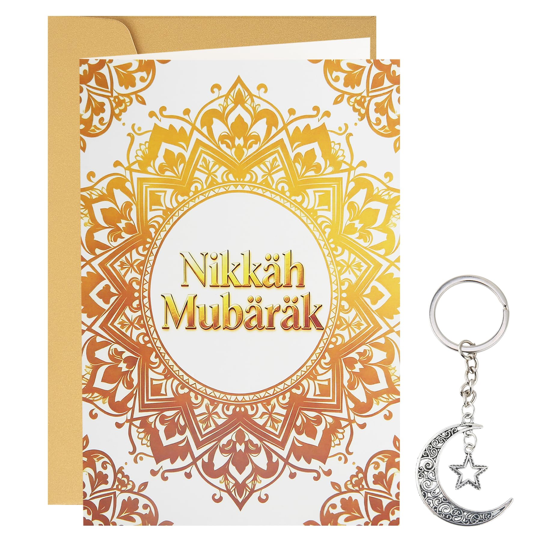 Wasise Nikkah Mubarak Card - Islamic Wedding Cards, Wedding Congratulations Card, Islamic Gifts for Newlyweds, Elegant Nikkah Gifts with Moon and Star Keychain, Congrats Well Done Cards for Friends