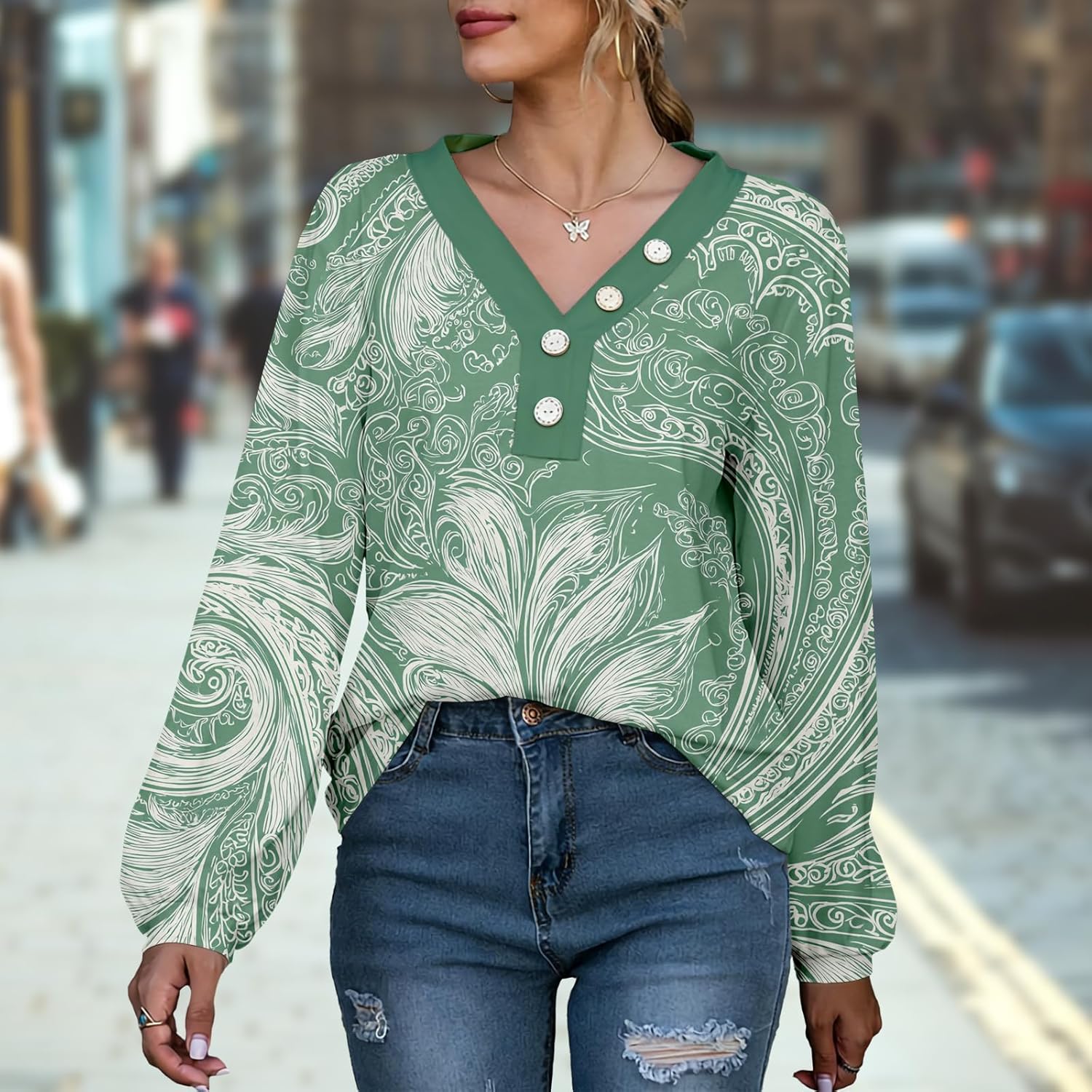 Elegant Button Solid Top Women V Neck Puff Long Sleeve Lightweight Spring Casual Trendy Comfy Tops - Image 2