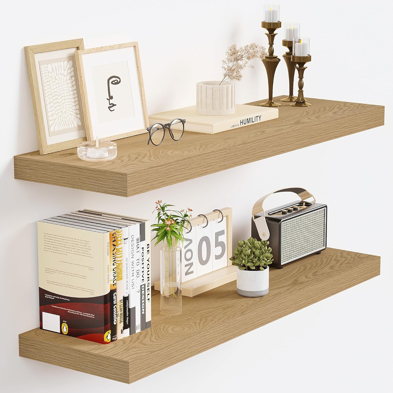 Vivelove 24 Inch Floating Shelves for Wall, 24x9 Display Shelves for Bathroom Living Room Kitchen Bedroom Office Farmhouse Home Decor - Set of 2, Oak