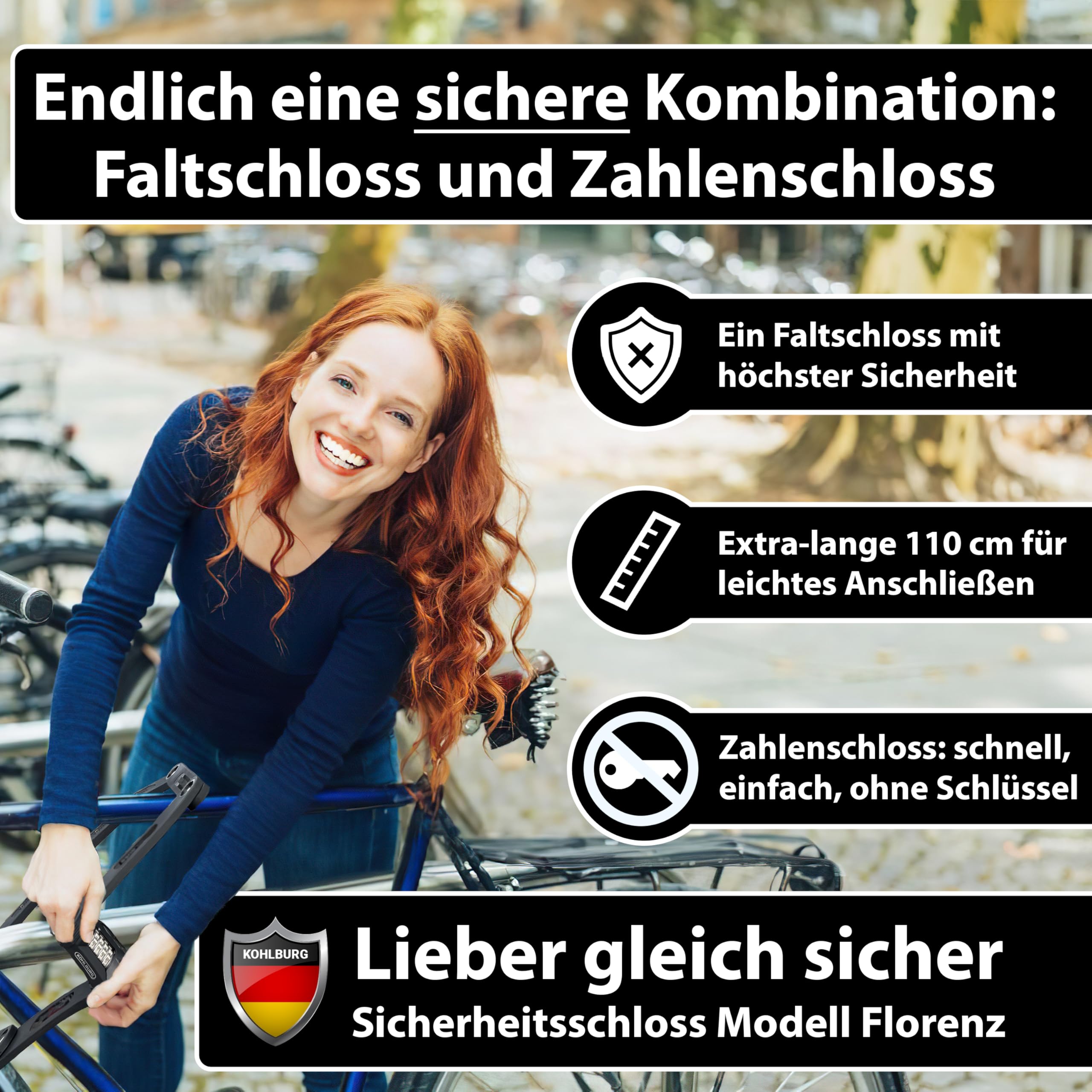 KOHLBURG 110cm Fahrrad Faltschloss Zahlen [Bolzenschneider-sicher] mit Zahlencode & Halterung – Fahrrad Zahlenschloss – Fahrradschloss Zahlenschloss hohe Sicherheit – Bike Lock & e Bike Schloss
