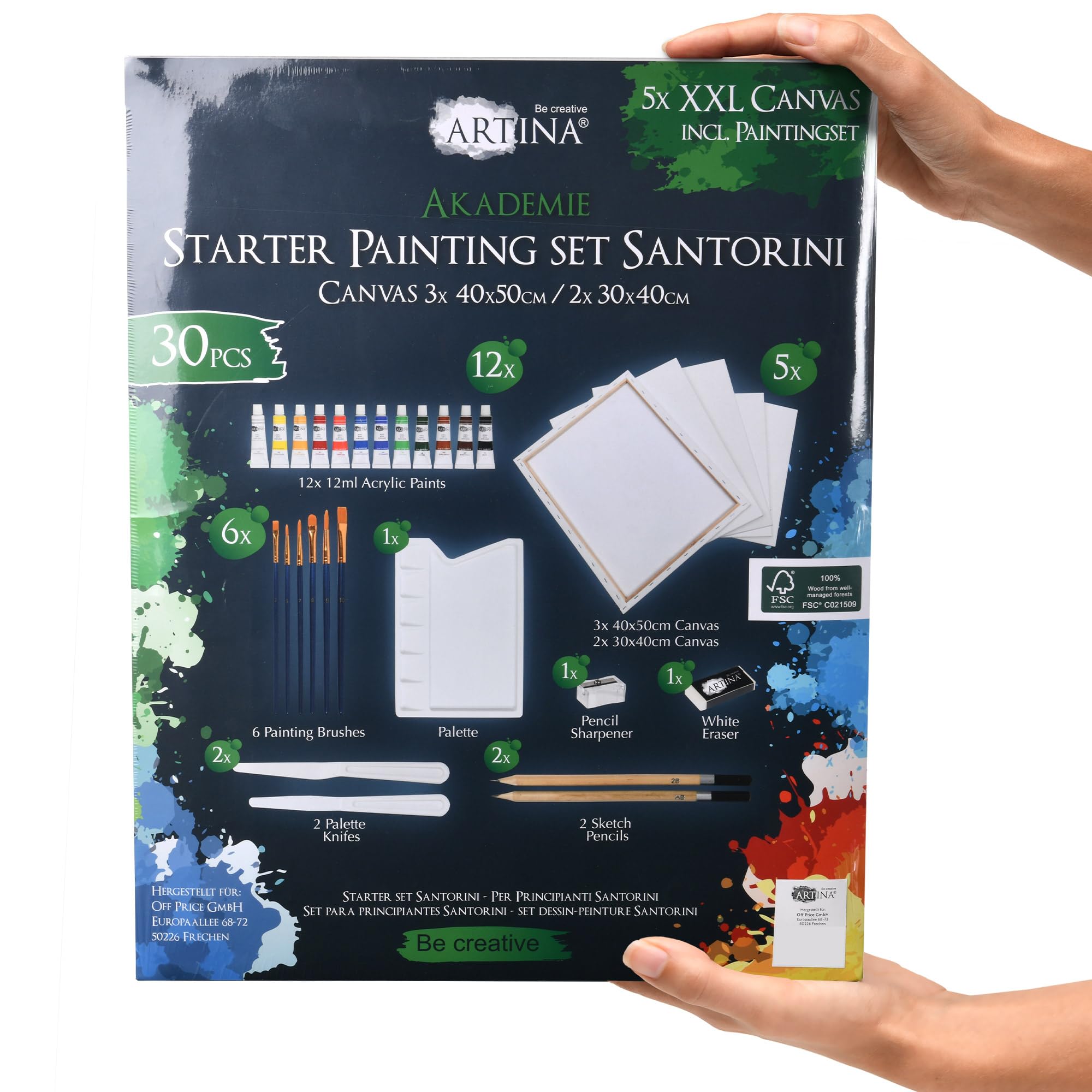 Artina – Kit de pintura 30 piezas con caballete de madera Barcelona + bastidores set Santorini – Set de acrílicos, pinceles y lienzos hasta 120cm, para iniciación y artistas aficionados