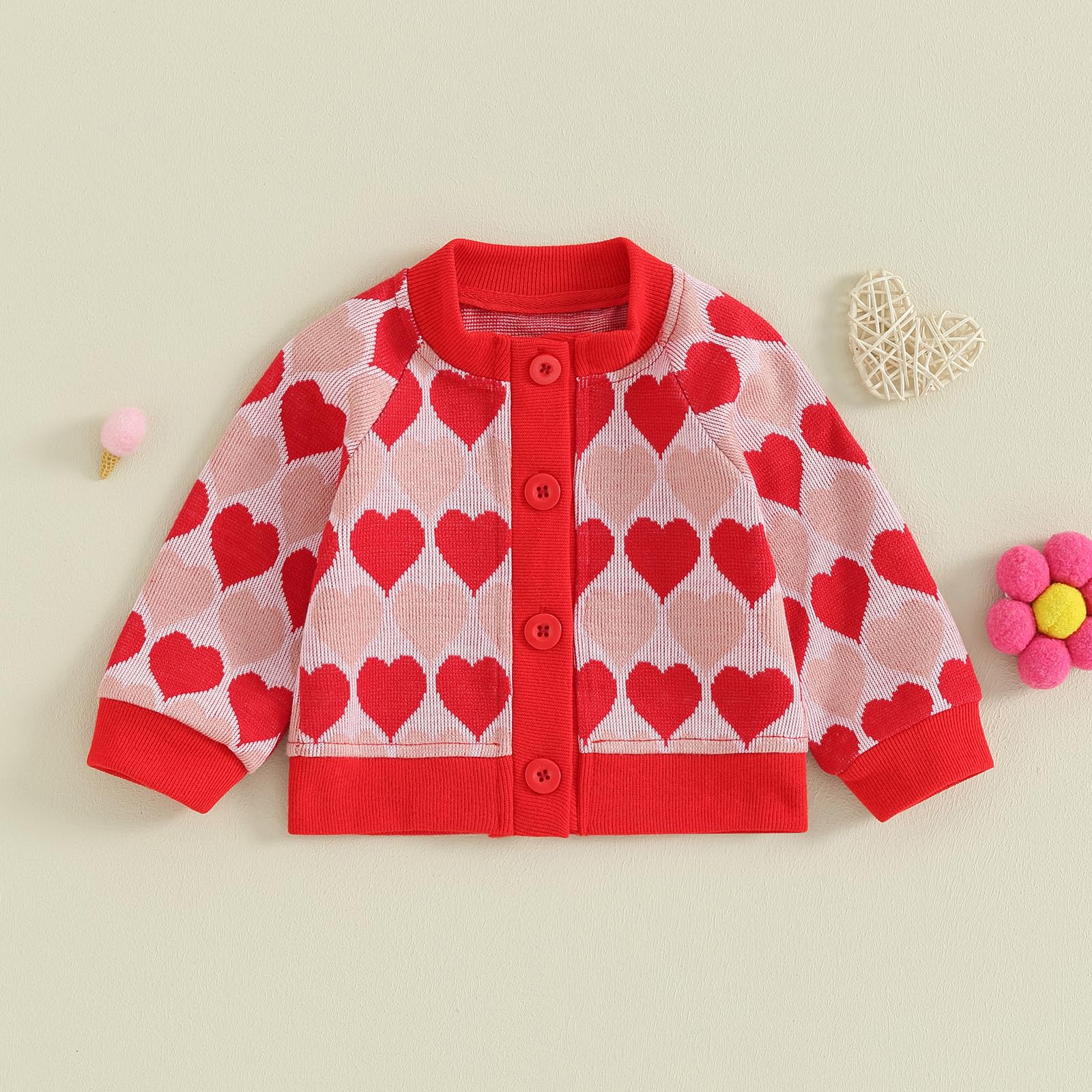 Infant Baby Girl Cardigan Heart Valentines Day Sweater Toddler Long Sleeve Button Knit Jacket Baby Girl Outfits (Red, 3-6 Months)