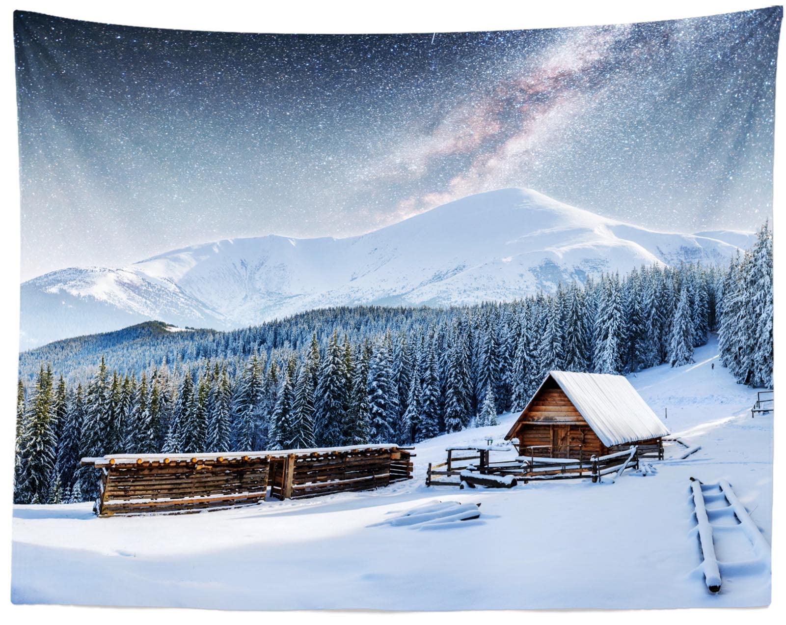 CORFOTO 180x120cm Winter Tapestry Starry Sky Snow Mountain Pine Forest Background Paper Wooden House Wall Art Bedroom Living Room College Dorm Home Decor Snow Scene Wall Art