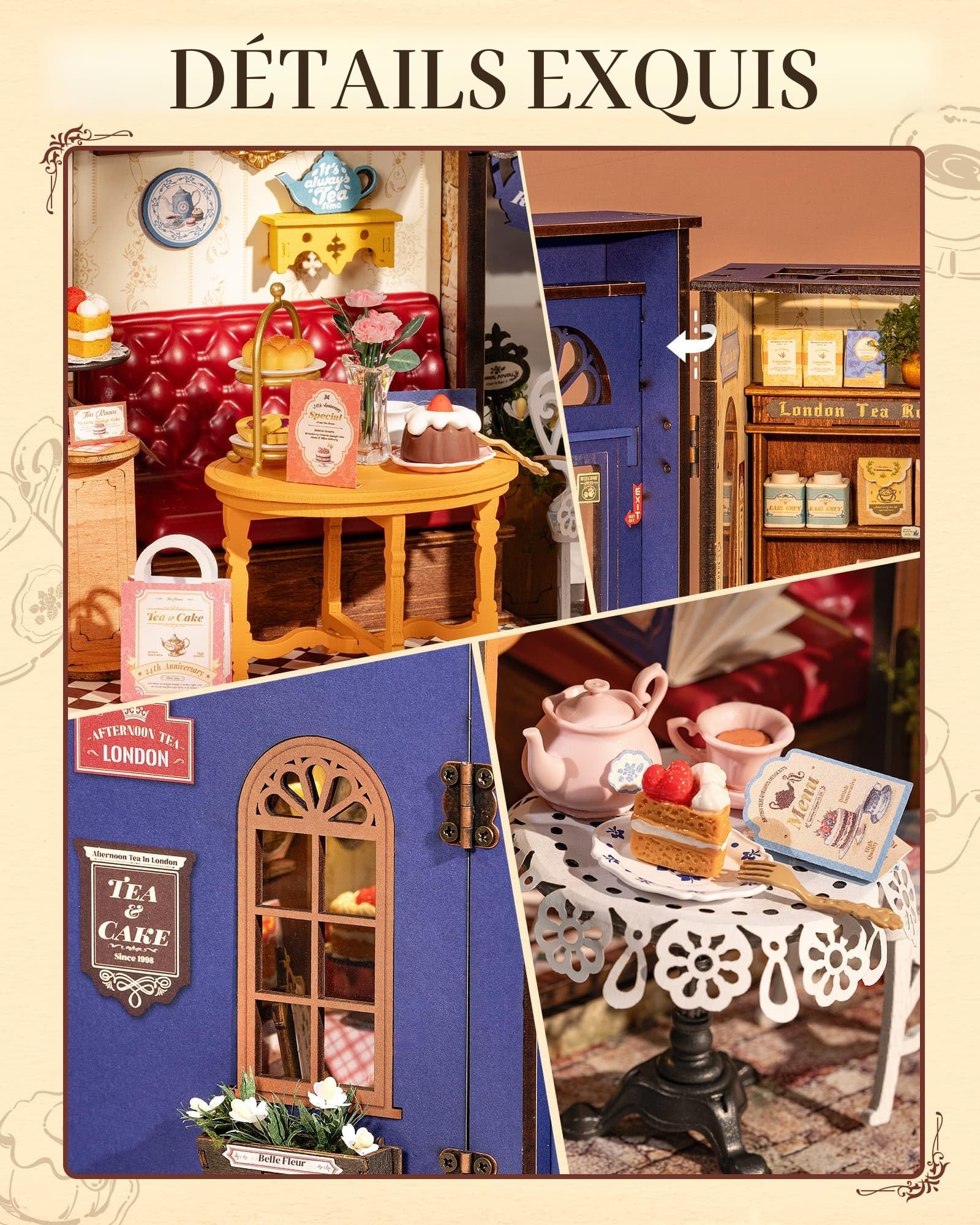 Rolife Maison de poupée DIY Miniature Salle de thé Kit avec lumières Loisirs Structure d'ouverture Noël Cadeau d'anniversaire