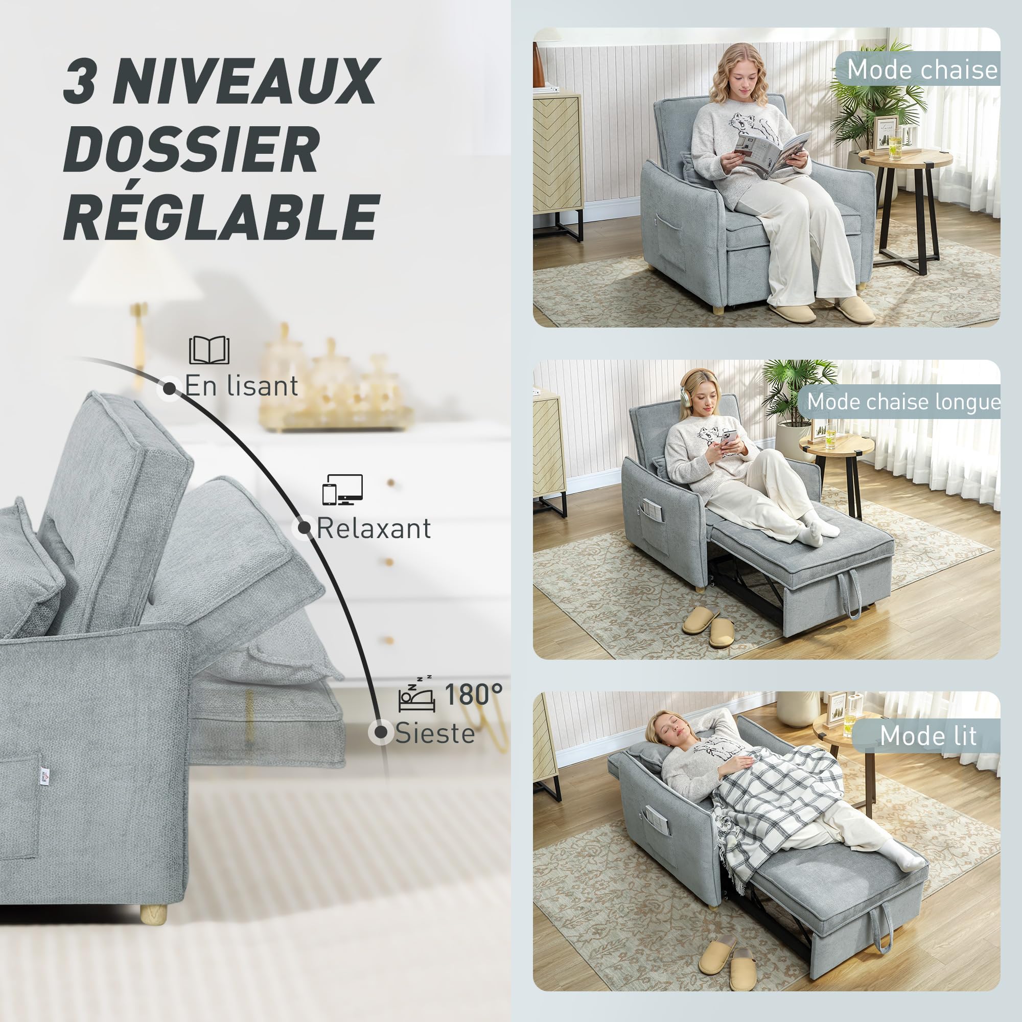 HOMCOM Fauteuil Convertible 1 Place 3 en 1, Fauteuil-lit clic-clac en Chenille avec Assise Large, Dossier réglable, Oreiller et Poches latérales, canapé-lit pour invités, Salon, Petits espaces, Gris