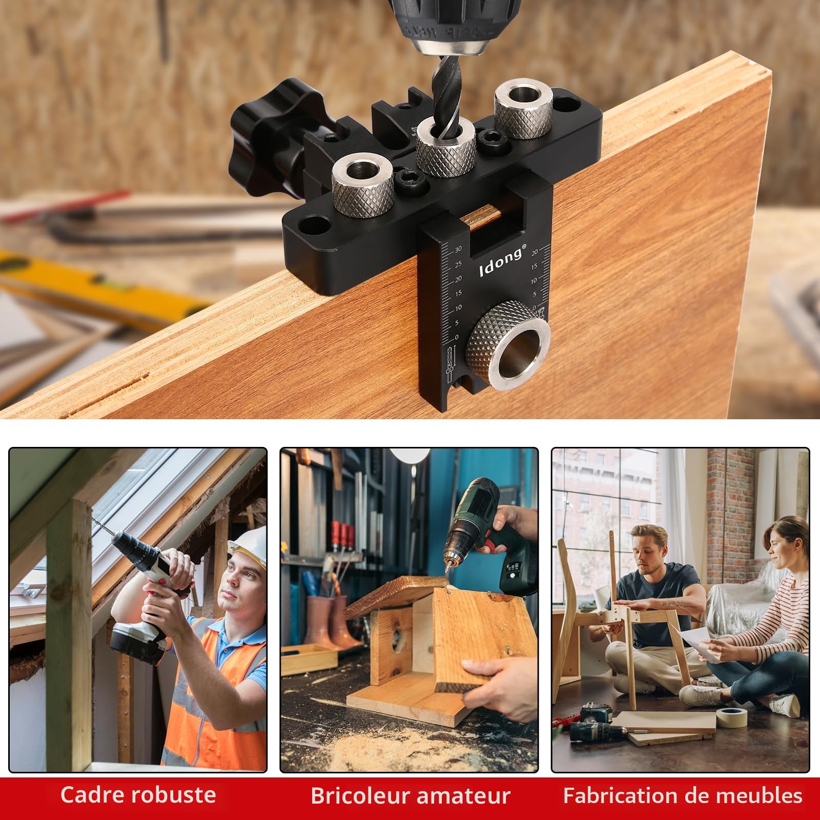 Gabarit De Percage Set，8/10/15 mm Gabarit de Trou de Poche,3 en1 Kit Localisateur de Guide de Percage Cheville Bois,Outils de Bricolage pour le travail du bois (noir Gabarit De Percage)