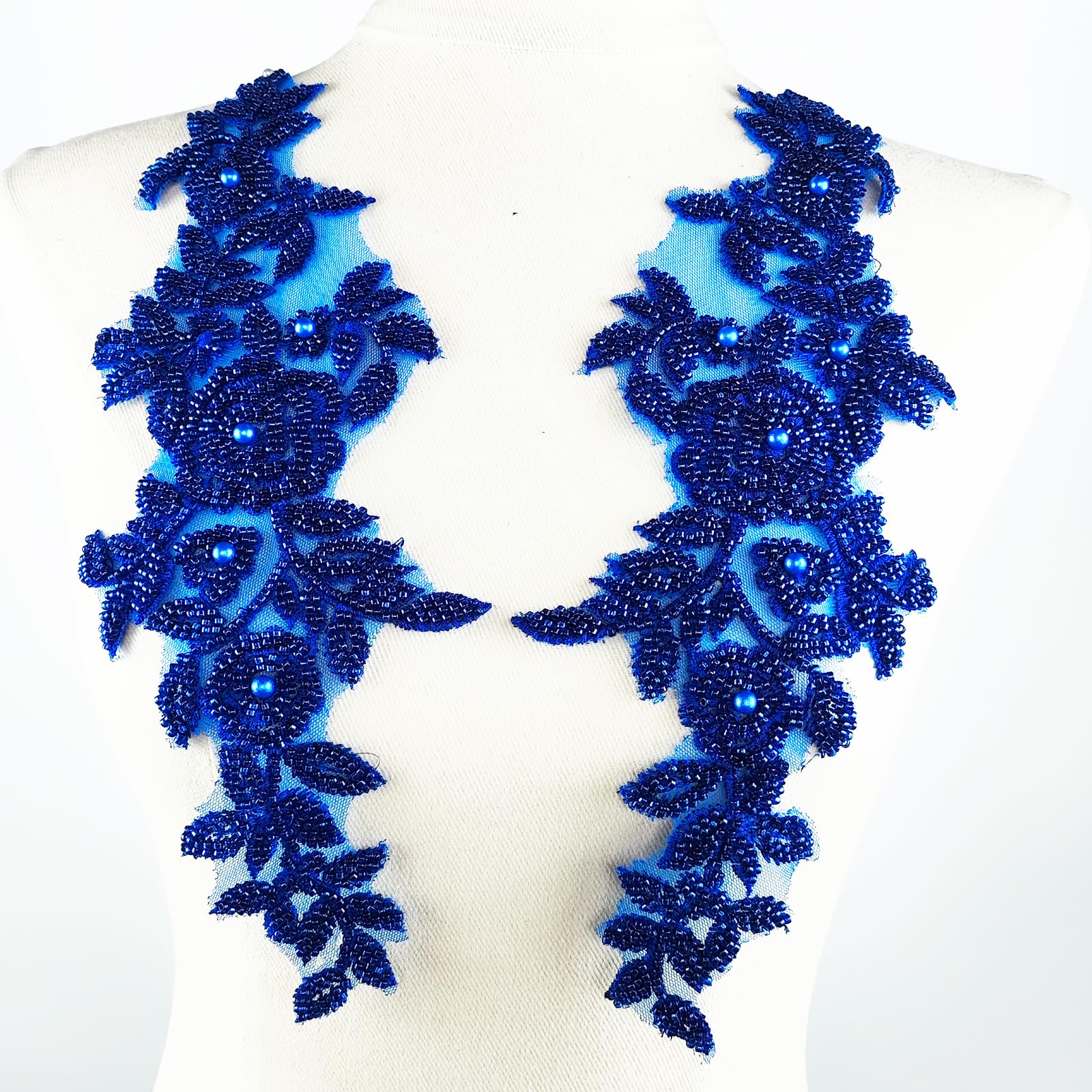 1 Pair Royal Blue 3D Lace Applique, Sew on Flower Bead Fabric Patch Embroidered Trim for Wedding Dress Decor DIY Sewing Clothing Applique 12.6" x 4.3"Inch
