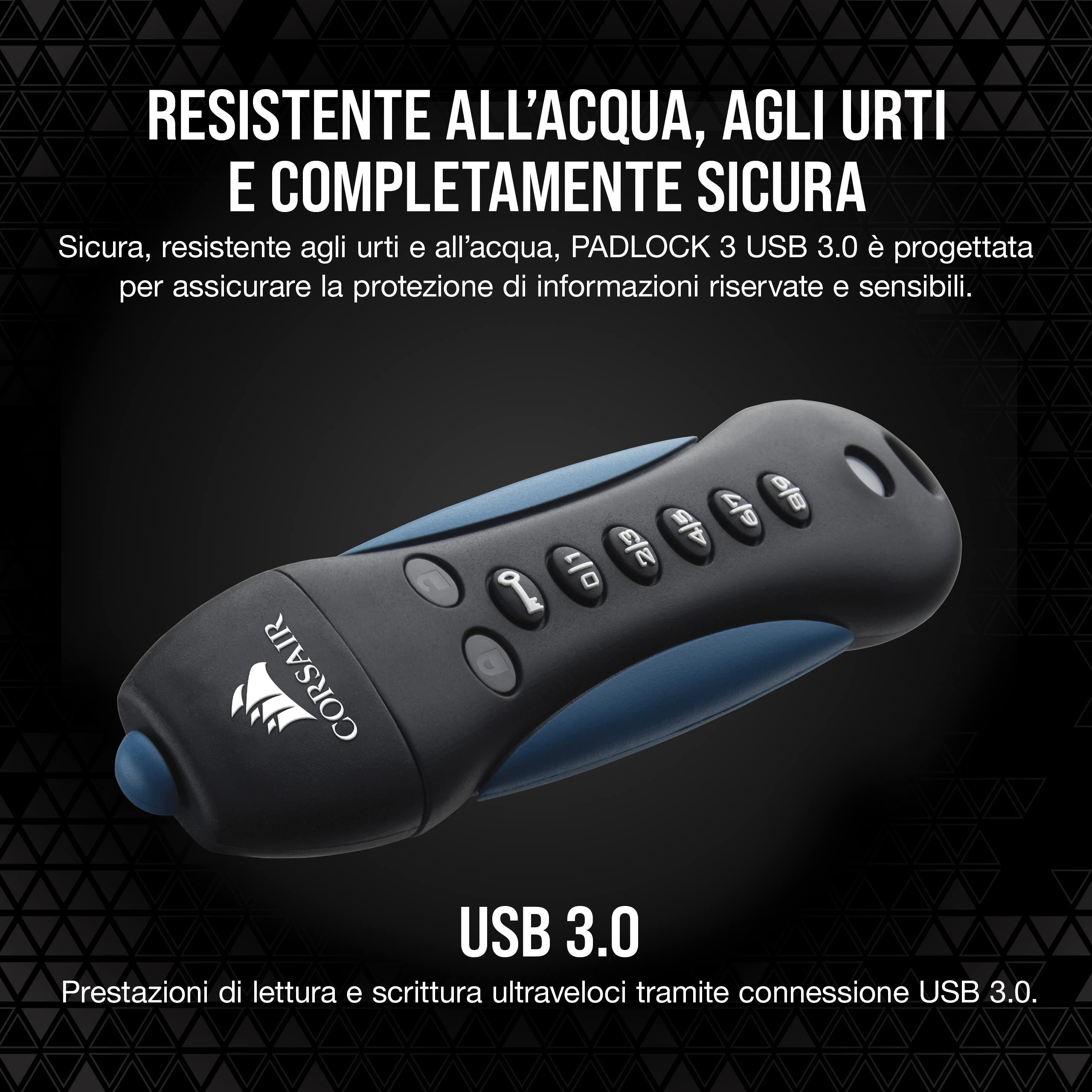 Corsair Flash Padlock 3, 64 GB Chiavetta USB 3.0 Sicura con Tastiera, Crittografia AES a 256 bit, Personalizzabile Cifre Identificazione, Il Rilevamento Integrato Antimanomissione, Nero/Blu