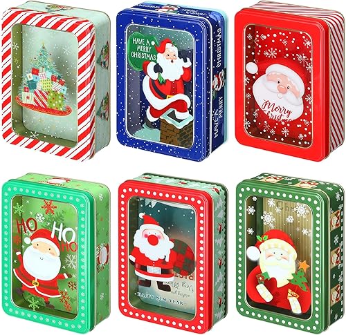 Landhoow 6 latas de galletas de Navidad con tapas, latas de metal para galletas, recipientes de lata de Navidad para regalos, recipientes de