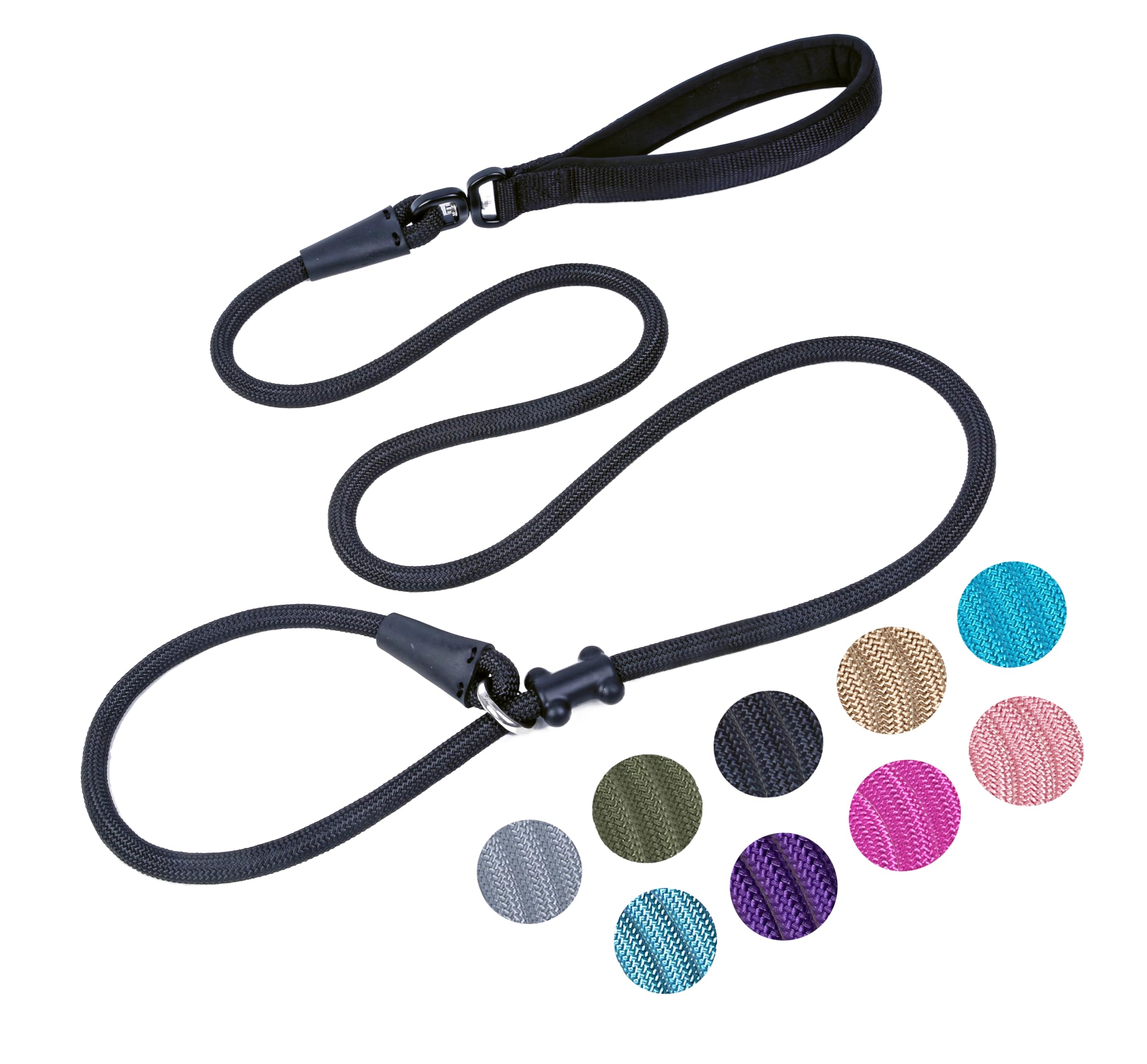 Slip Lead Dog Leash，Strong Nylon Rope Leash and Padded Handle,No Pull Outdoor Walking Training Lead for Small Medium Large Dogs (Black, 1/2"×6ft)