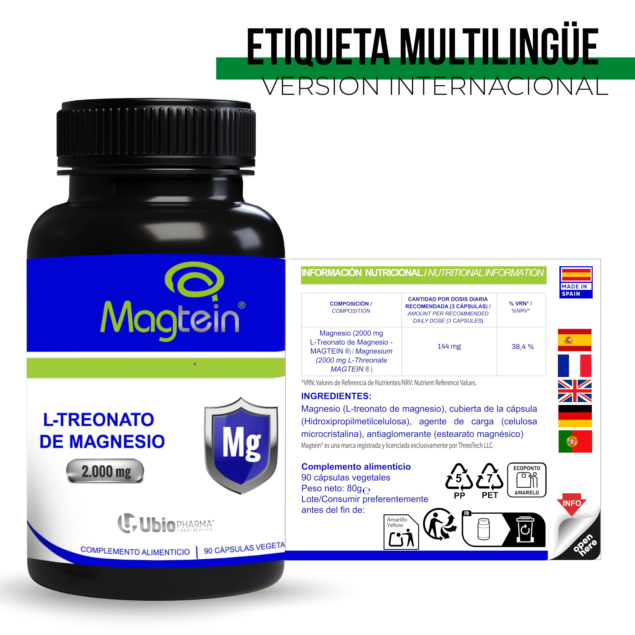 L-Treonato de Magnesio Magtein® 2000 mg – 90 Cápsulas Fórmula Clínica Aprobada EFSA – Mejora la Memoria, Concentración, Claridad Mental, Salud Cerebral y Mejora del Sueño - Magnesium L Threonate