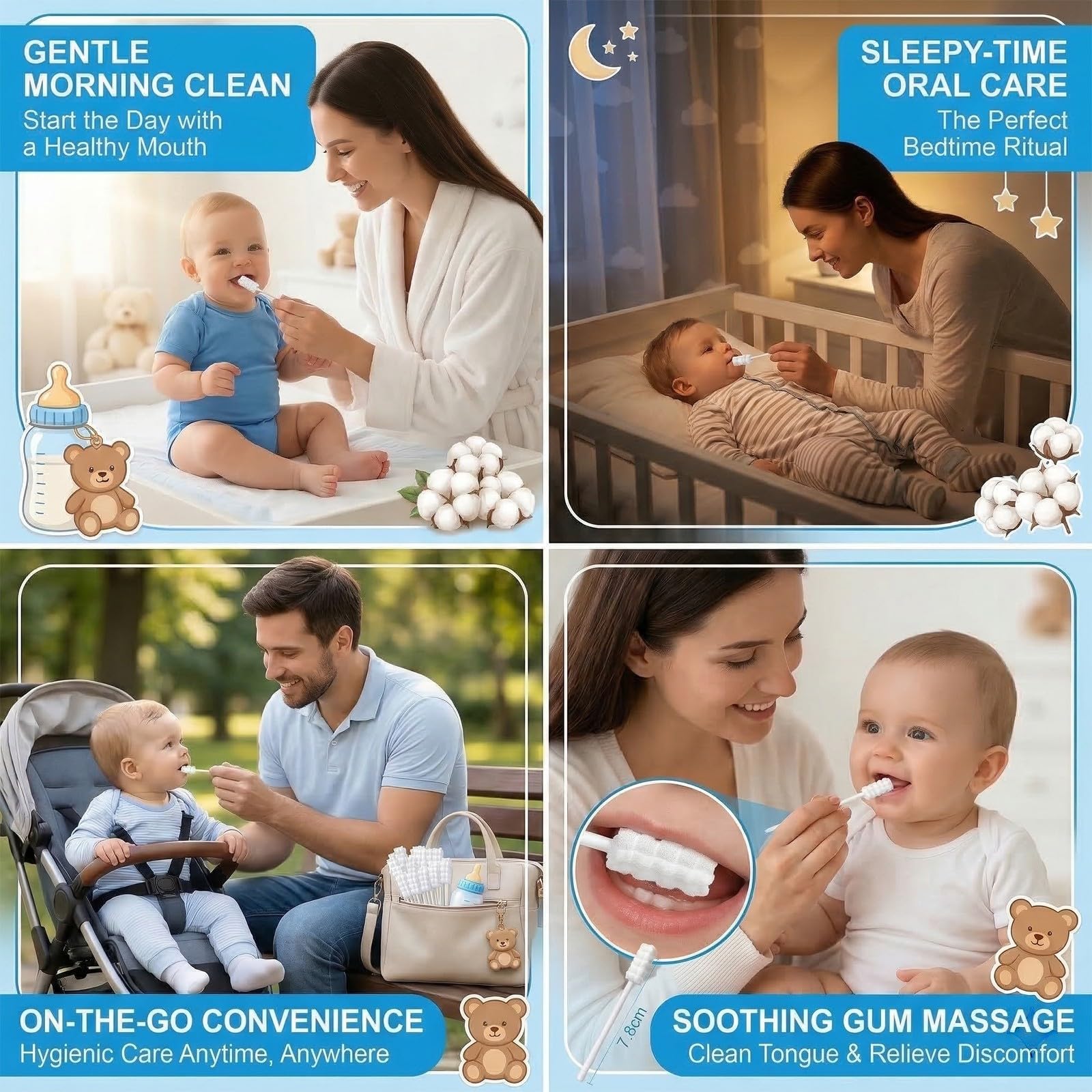 35 Pezzi Kit Puliscibocca Neonato, Cotton Fioc Neonato, Cotton Fioc Bambini, Spazzolino Neonato Monouso Sterilizzato, Spazzolino Dentini Setole Morbide, Portatile per Bambini