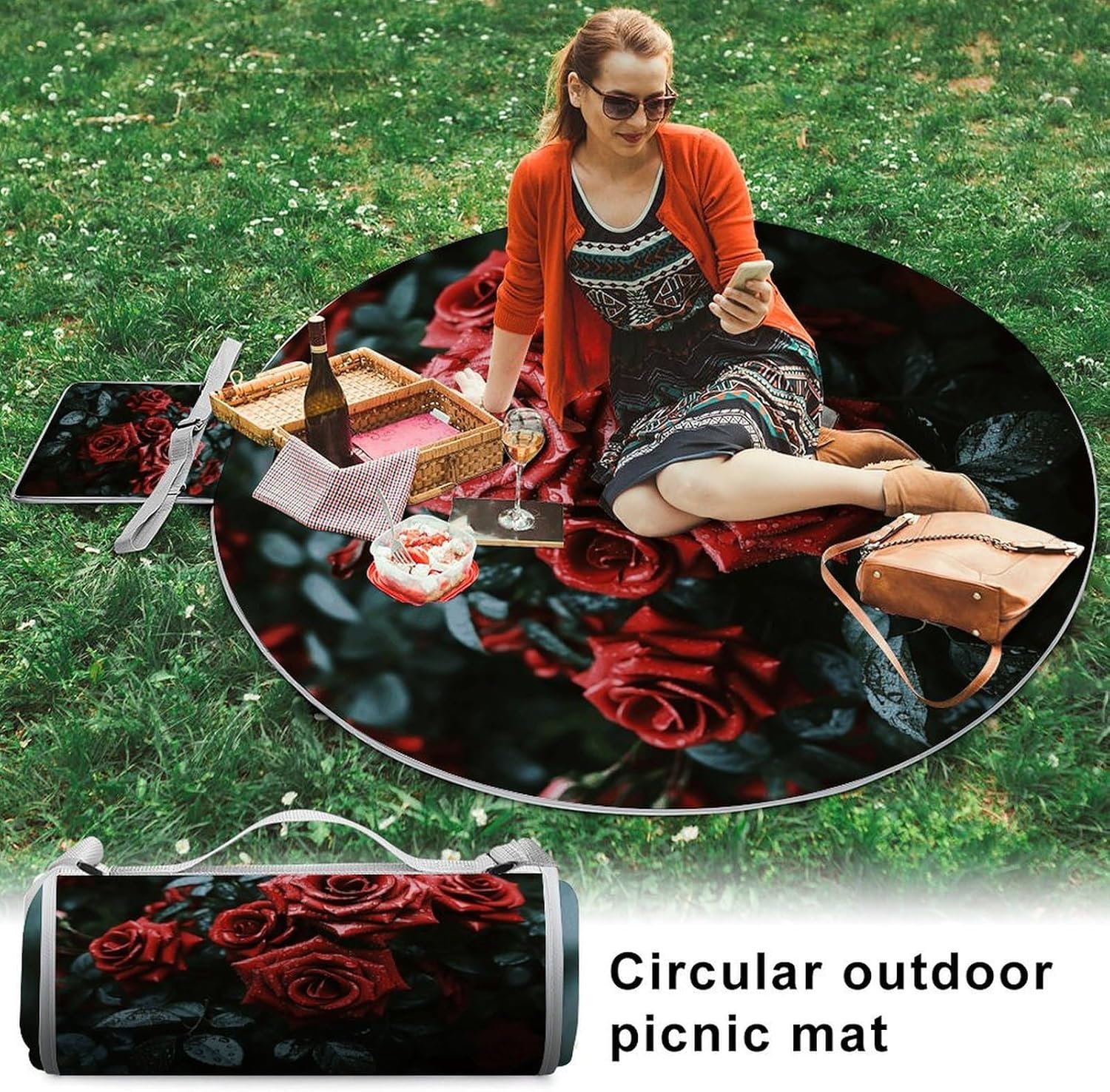 Red And Black Rose 58.3 in Round Outdoor Rugs for Patio Decor And Outdoor Picnic.Beach Blankets- Sandproof Waterproof Foldable Beach Blanket.Travel Blanket for Camping, Park, Travel, Grass Use.