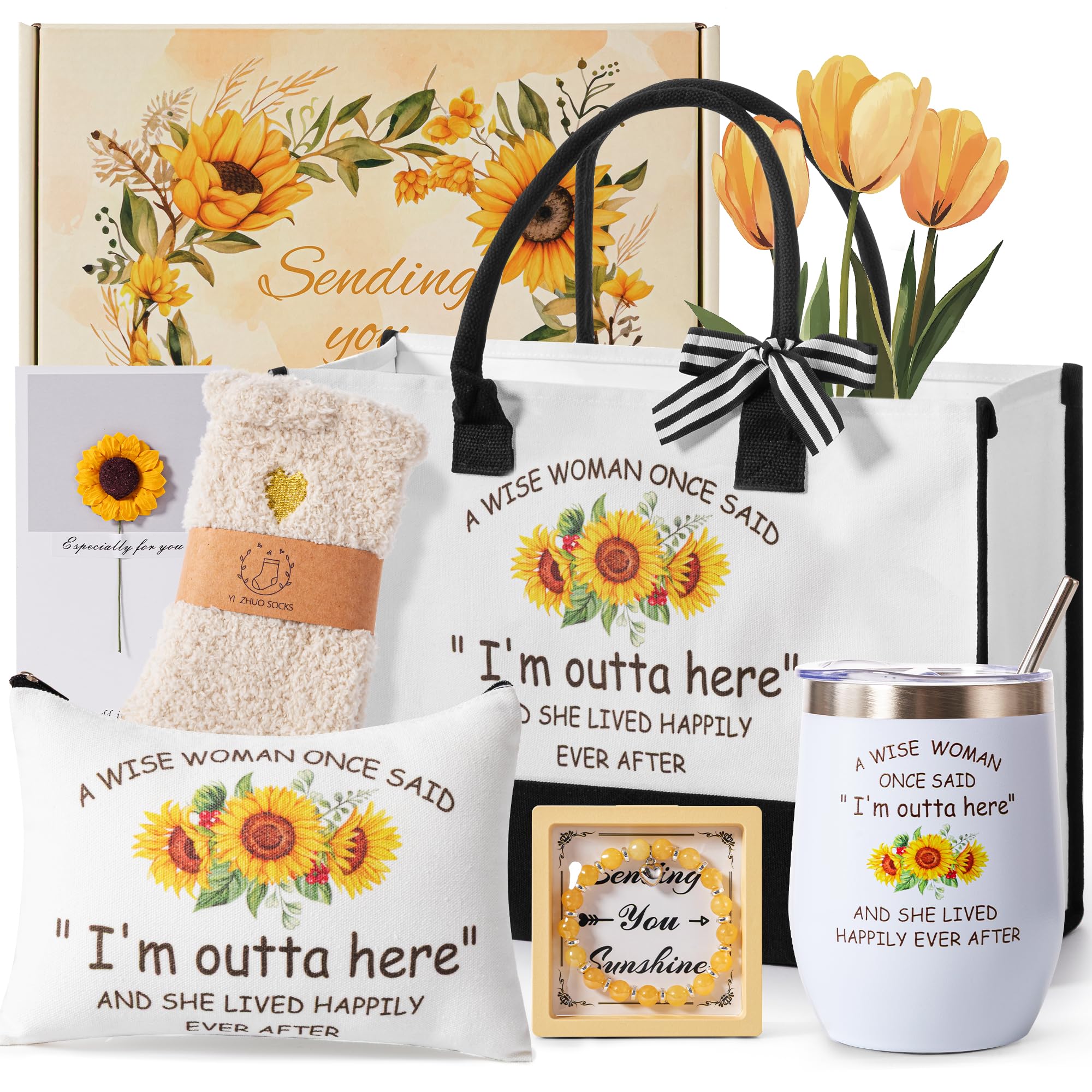 Retirement Gift for Women 2026, Sunflower Pamper Cool Happy Retired Present Basket for Coworker Teacher Nurses Boss Friends Mum Grandma Retirees,Farewell Leaving Going Away Gift w/Canvas Tote Bag