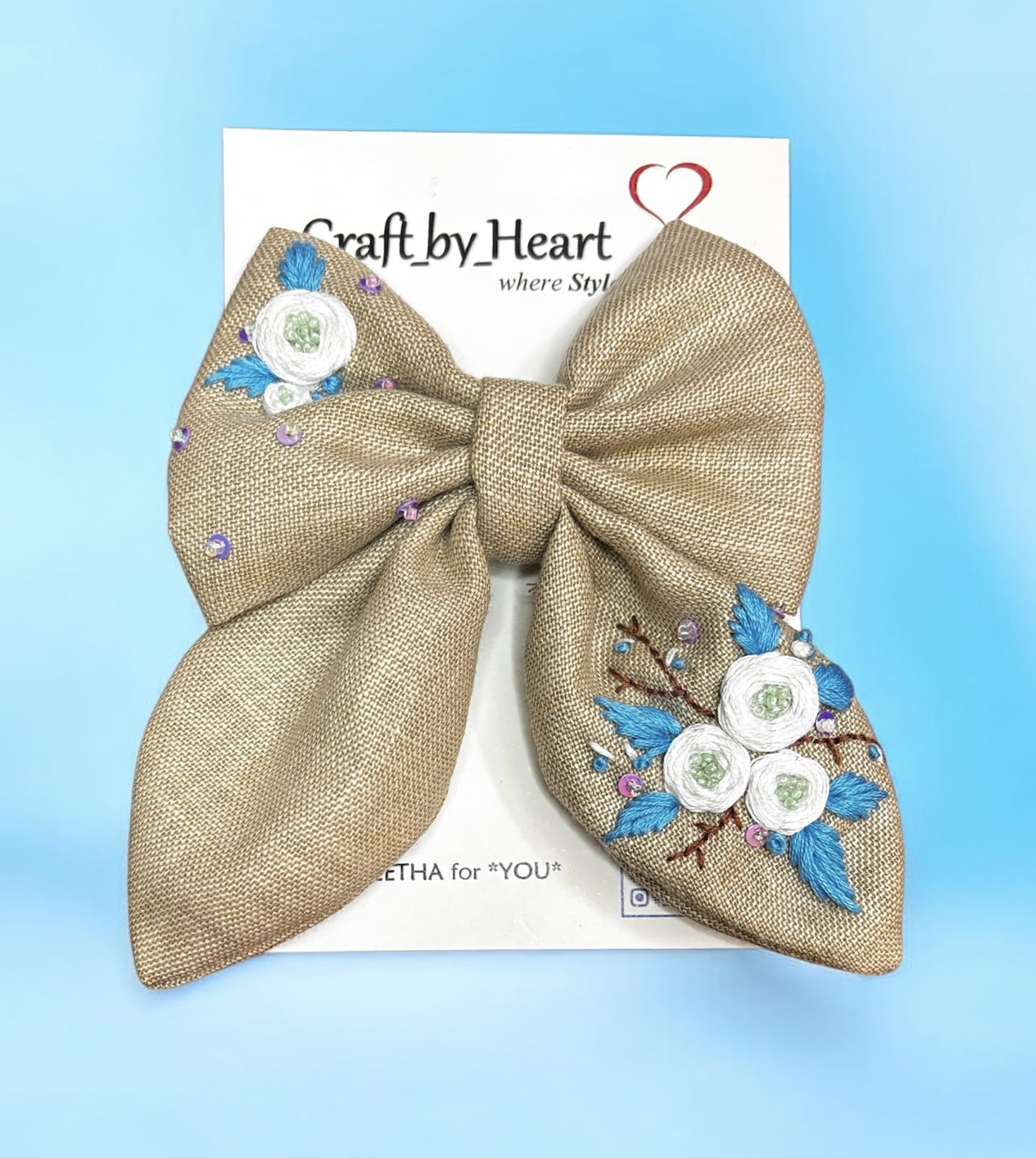 Hand embroidered Hair Bow in Premium Linen Fabric|White Floral Hand work| Hair Beautifying Accessories for Teens|Girls|Women-image-6