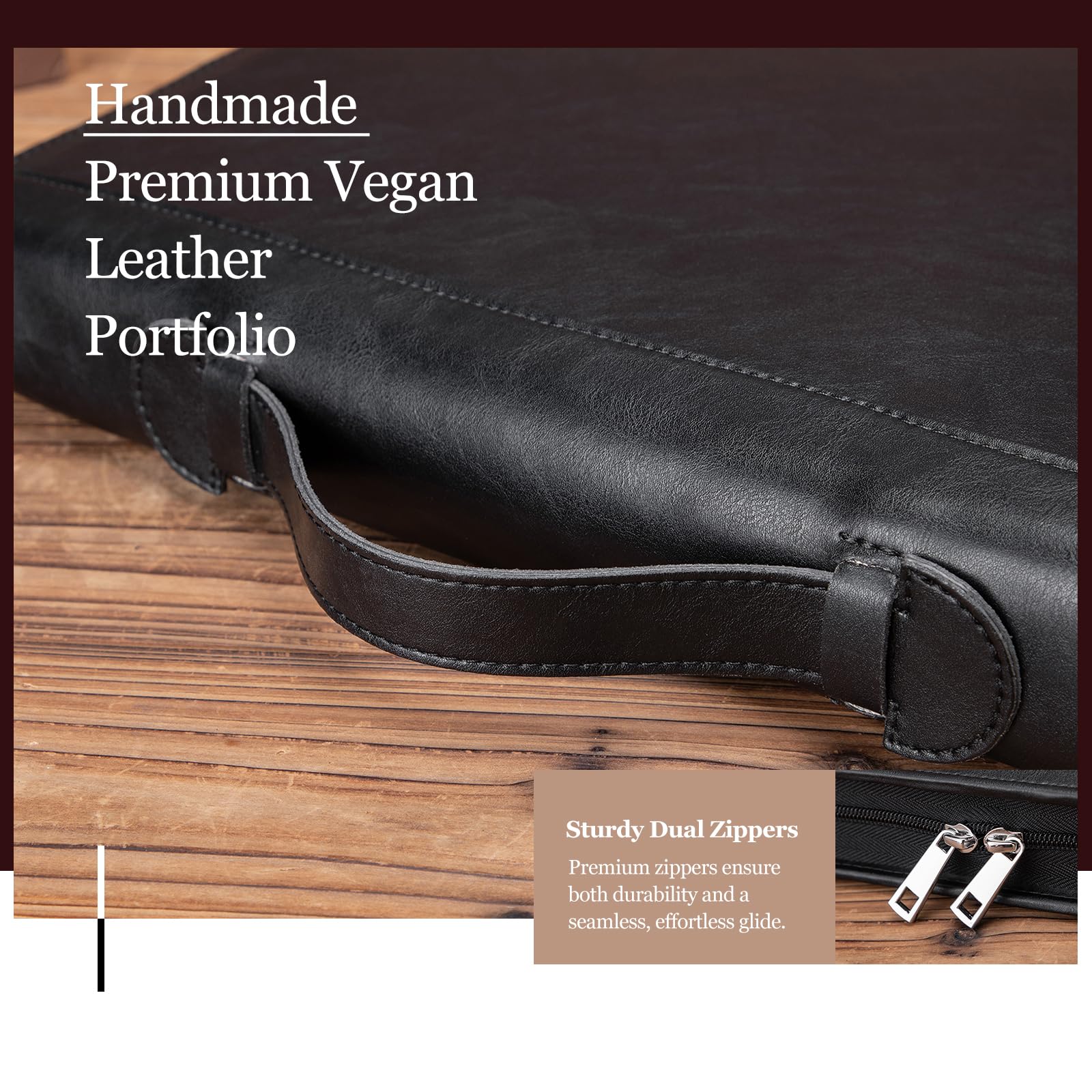 Portadocumenti professionale in pelle vegana a 3 anelli con porta blocco, maniglia nascosta, cerniera 21,6 x 27,9 cm, organizer professionale per uomini e donne, nero
