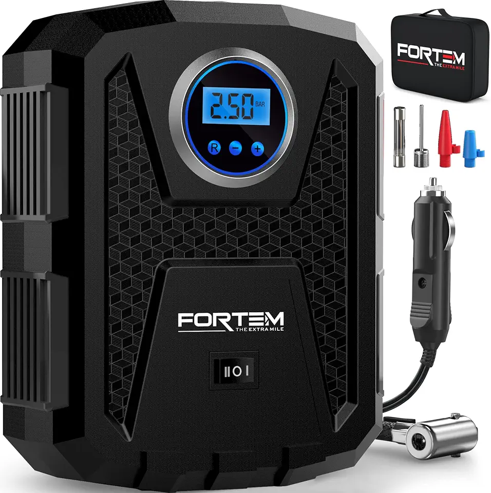 FORTEM Compressor de ar portátil para insuflador de pneu, bomba de ar para pneus de carro e bicicletas, bomba de pneu de carro com desligamento automático, 150 PSI, 12V DC, luz LED, estojo de