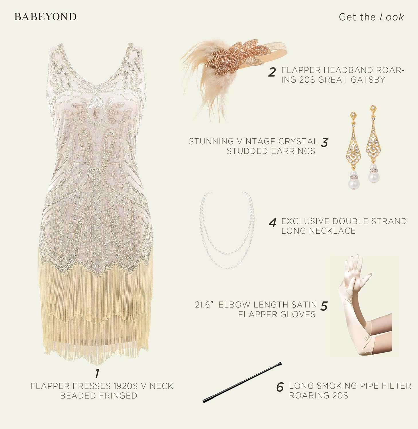 BABEYOND Women’s Flapper Dresses Set 1920s V Neck Beaded Fringed Great Gatsby Dress with Accessories Set - Image 3