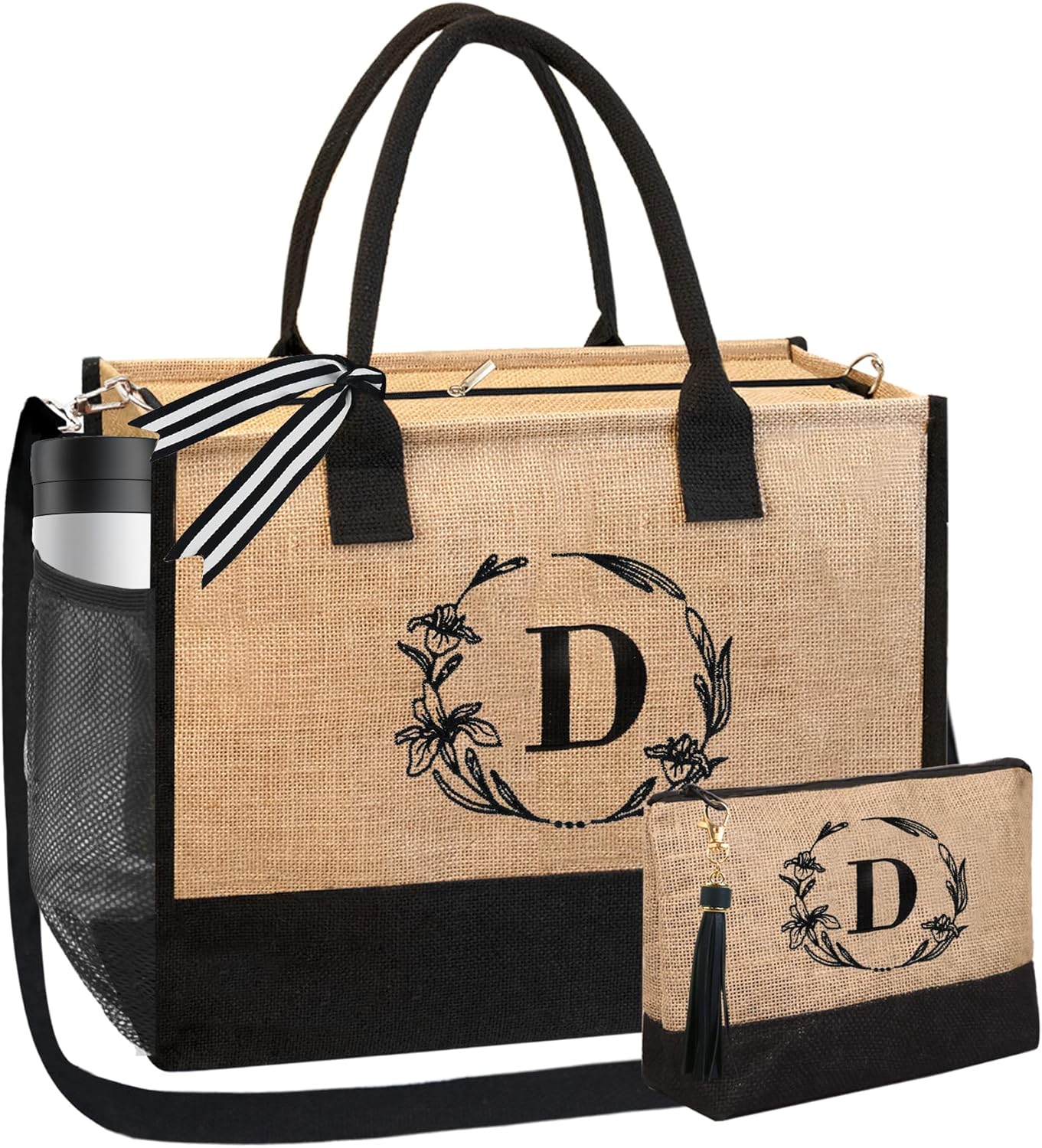 BeeGreen Burlap Travel Tote Bag Summer Tote Bag for Women Friends Mother Bride with Embroidery & Adjustable Shoulder Strap Grocery Shopping Tote Bag Large Beach Bag Gift Set D Black & Brown D