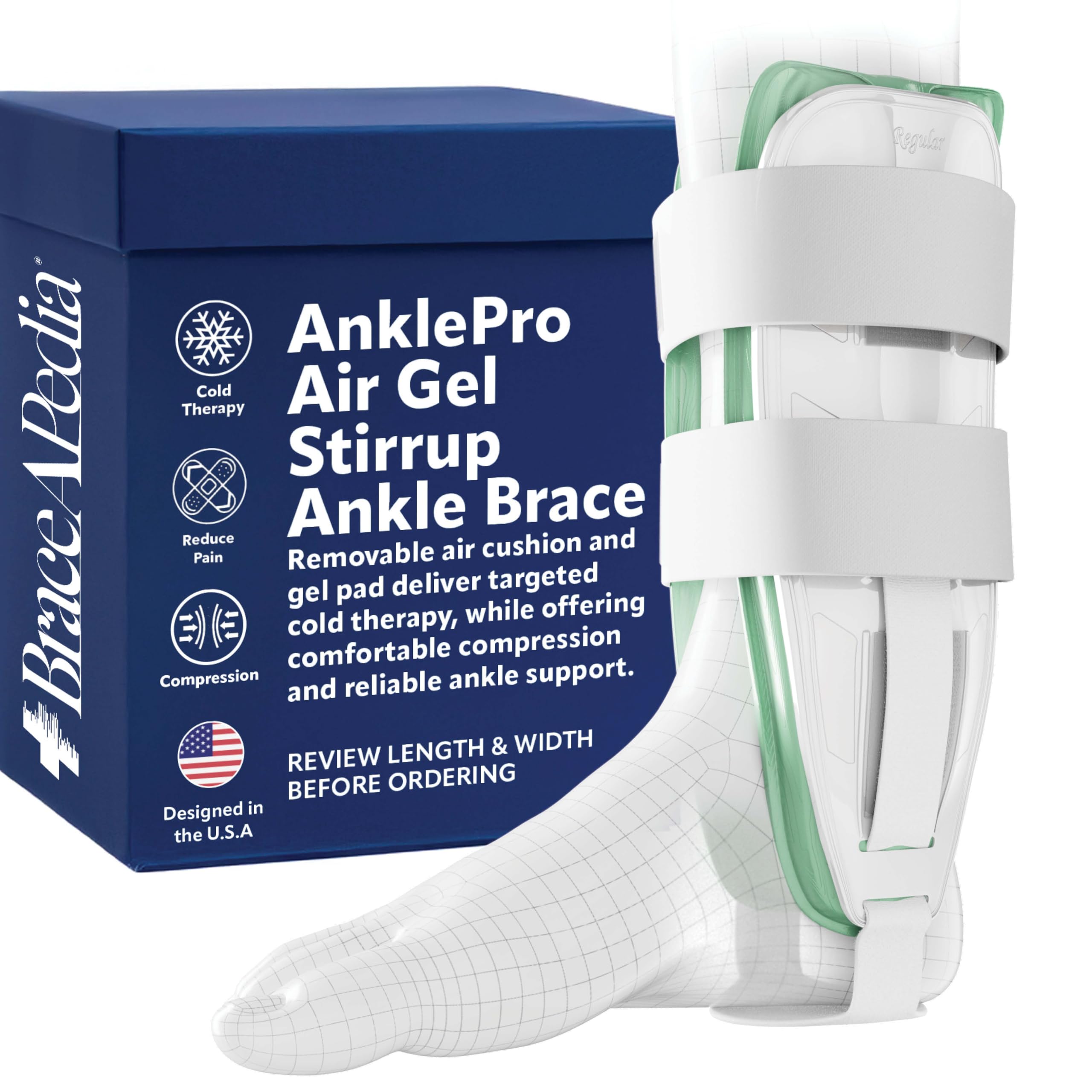 AnklePro Air Gel Stirrup Ankle Brace, Hard Core Side Stabilizer With Removable Cold Therapy Air Cushion & Gel Pad for Ankles, Ankle Brace for Women and Men, Ankle Support, Regular, White