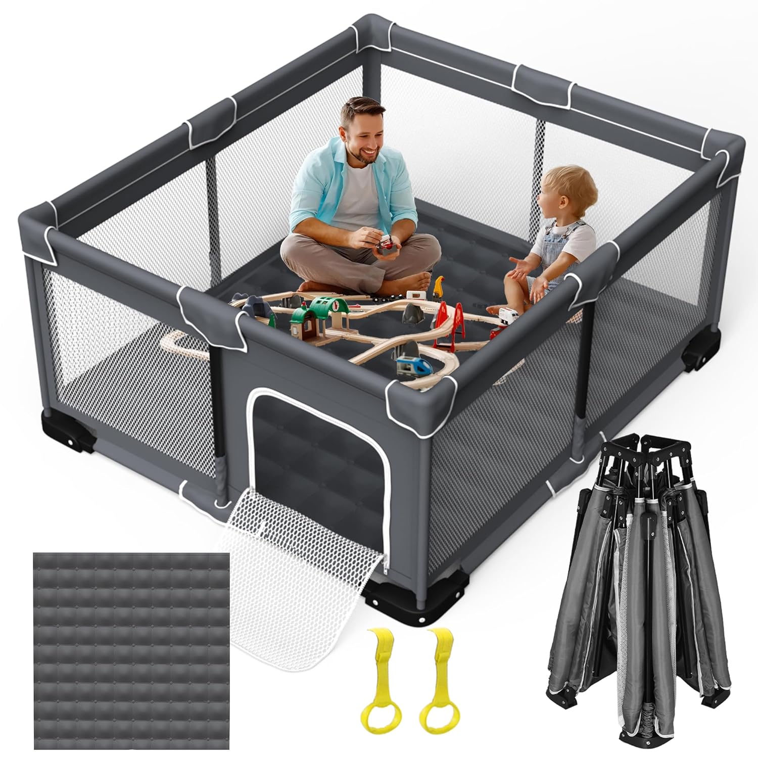 Foldable Baby Playpen with Mat, Large Foldable Playpen for Babies and Toddlers, Folding Portable Kids Play Pen, Collapsible Play Yard with 2 Handles + Suitable Size Mat(Grey, 59x71 inches) New Foldable 59"x71" with Mat Grey
