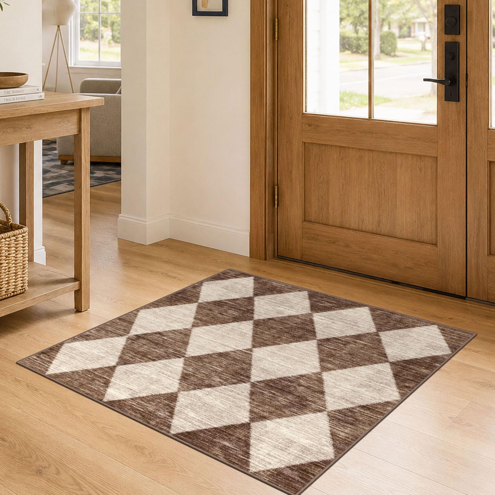Othilic 3x3 Square Entryway Rug - Non-Slip Washable Front Door Mat Indoor Outside Entrance Small Porch Rug Rustic Brown Beige Checkered Throw Rugs for Entryway Kitchen Bedroom Office Front Porch Decor