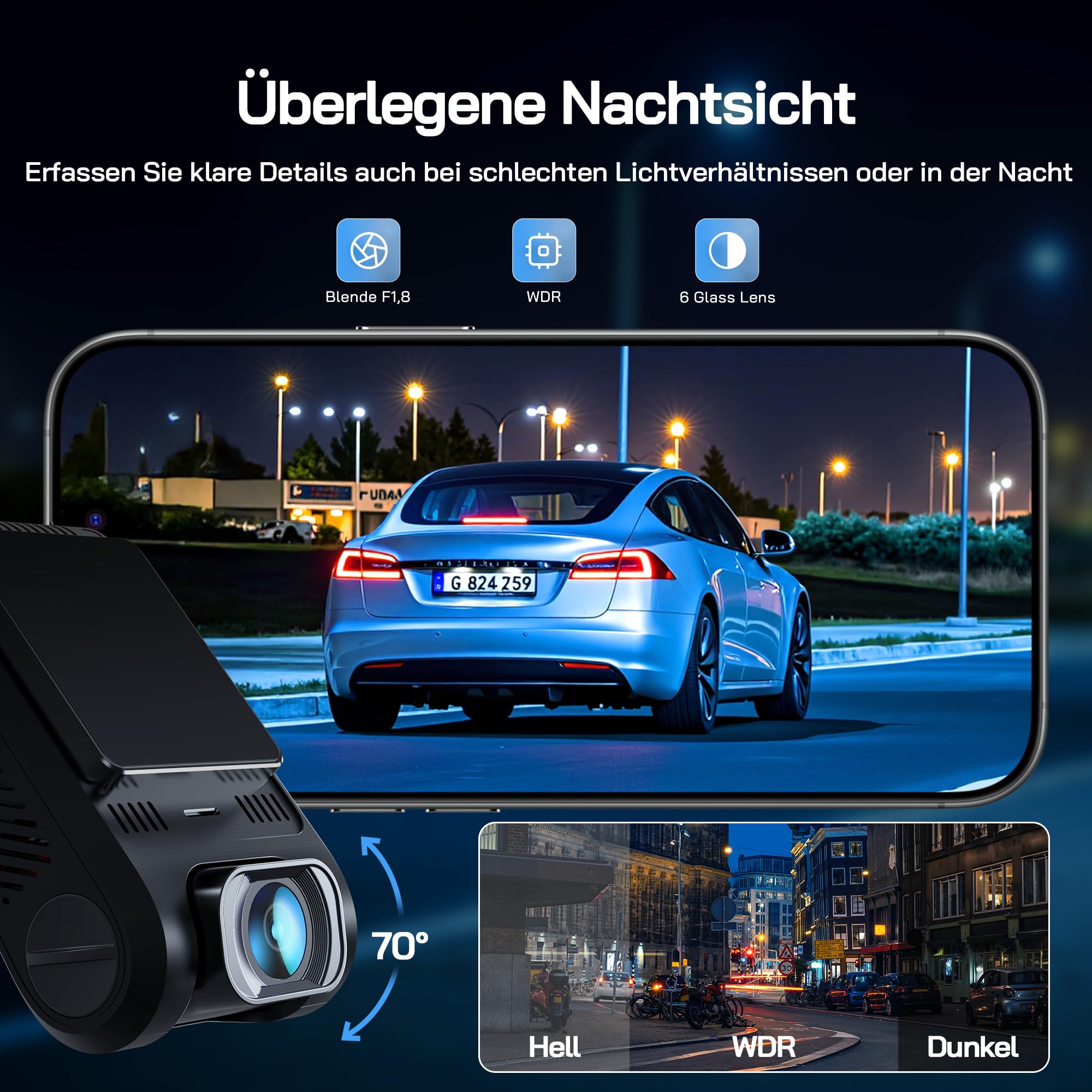 WOLFANG Dashcam, Mini 2.5K+1440P Wi-Fi Dash Cam, Ultra-Nachtsicht, 2" IPS-Versteckte Dash Cam Auto, Dual-Auto-Kamera mit 170°-Weitwinkel, WDR, 24 Std. Parkmodus, G-Sensor, Loop-Aufnahme