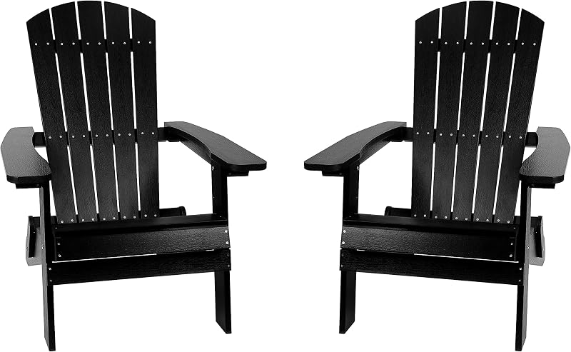 Flash Furniture Charlestown Silla plegable Adirondack - Negro - Poliresina - Interior/Exterior - Resistente a la intemperie - Juego de 2