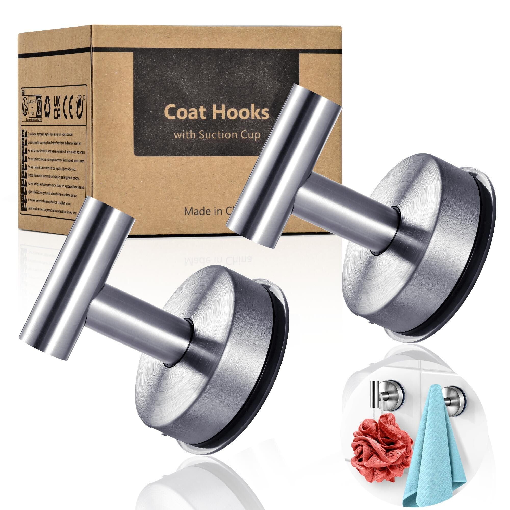 Yohom Silver Suctiontowels Hooks 2 Pcs No Drill Shower Wall Hanging Hook For Bathroom