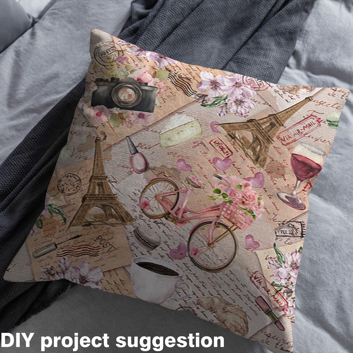 Eiffel Tower Waterproof Fabric by The Yard,Soft Flannel Polyester Retro Newspaper Decorative Fabric for and Home DIY Projects Bicycle Retro Paris City Landmark Fabric,2 Yard Bolt,No Stretch