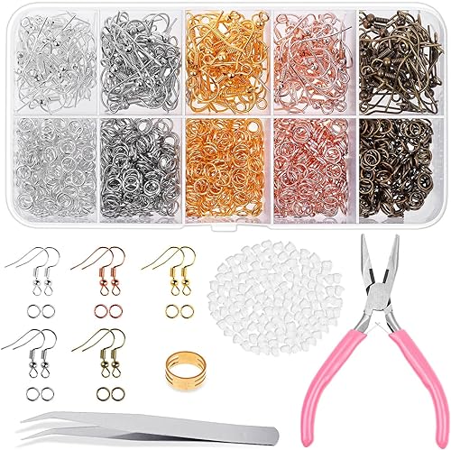 Audab - Ganchos para aretes, kit de fabricación de 1400 piezas con 200 anillos de oreja, 1000 anillos de salto, respaldos y alicates de joyería para