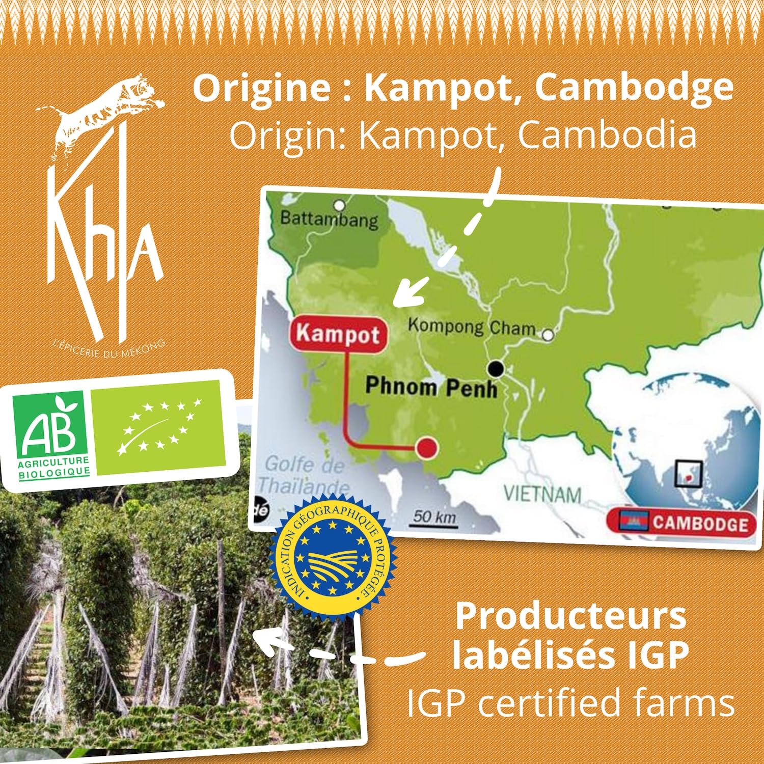 Khla - Poivre Blanc de Kampot Certifié Bio 500 g - Poivre en Grains Biologique - Grand Cru, Fort & Puissant - Ingrédient Cuisine - Direct Producteur - Production limitée - Origine Cambodge