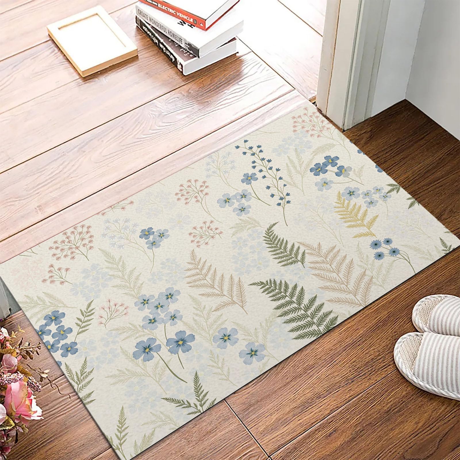 Paillasson 90x150cm fleurs sauvages fougeres tapis cuisine beige