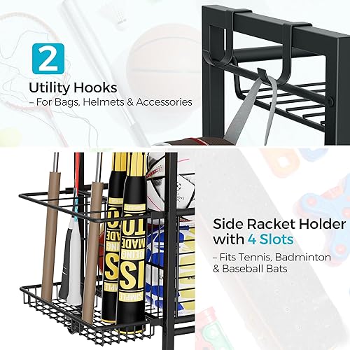 Miniatura 8 de Equipo deportivo y estante de almacenamiento de juguetes con ruedas, organizador de bolas de 3 niveles para bolas, raquetas y equipo deportivo, gran