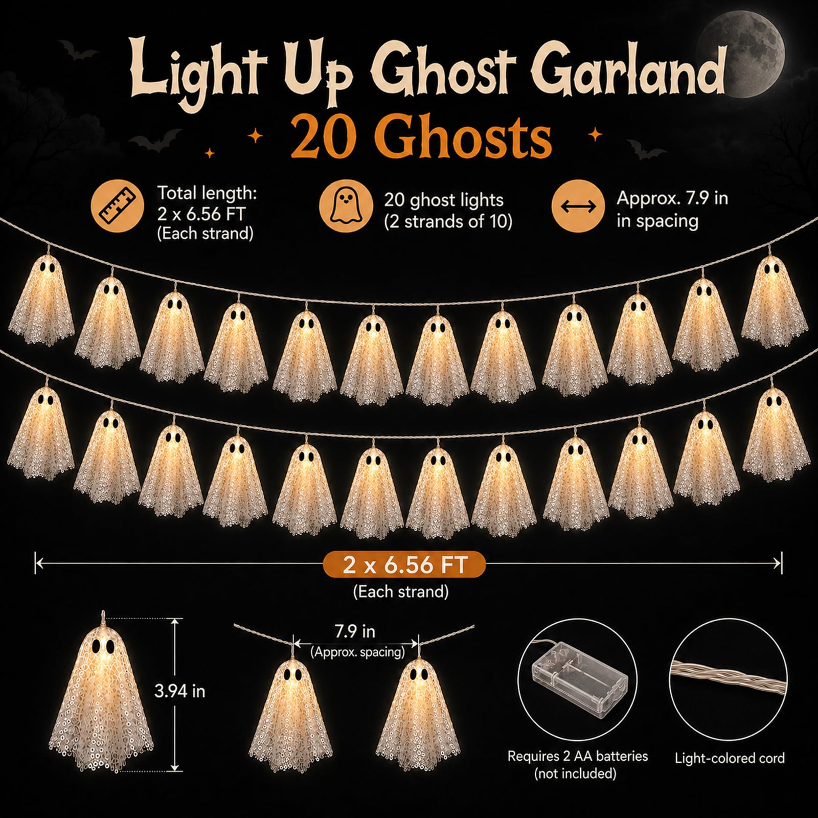 Juego de 2 luces de Halloween fantasma, 10 fantasmas LED de lentejuelas de color blanco cálido, 6.6 pies