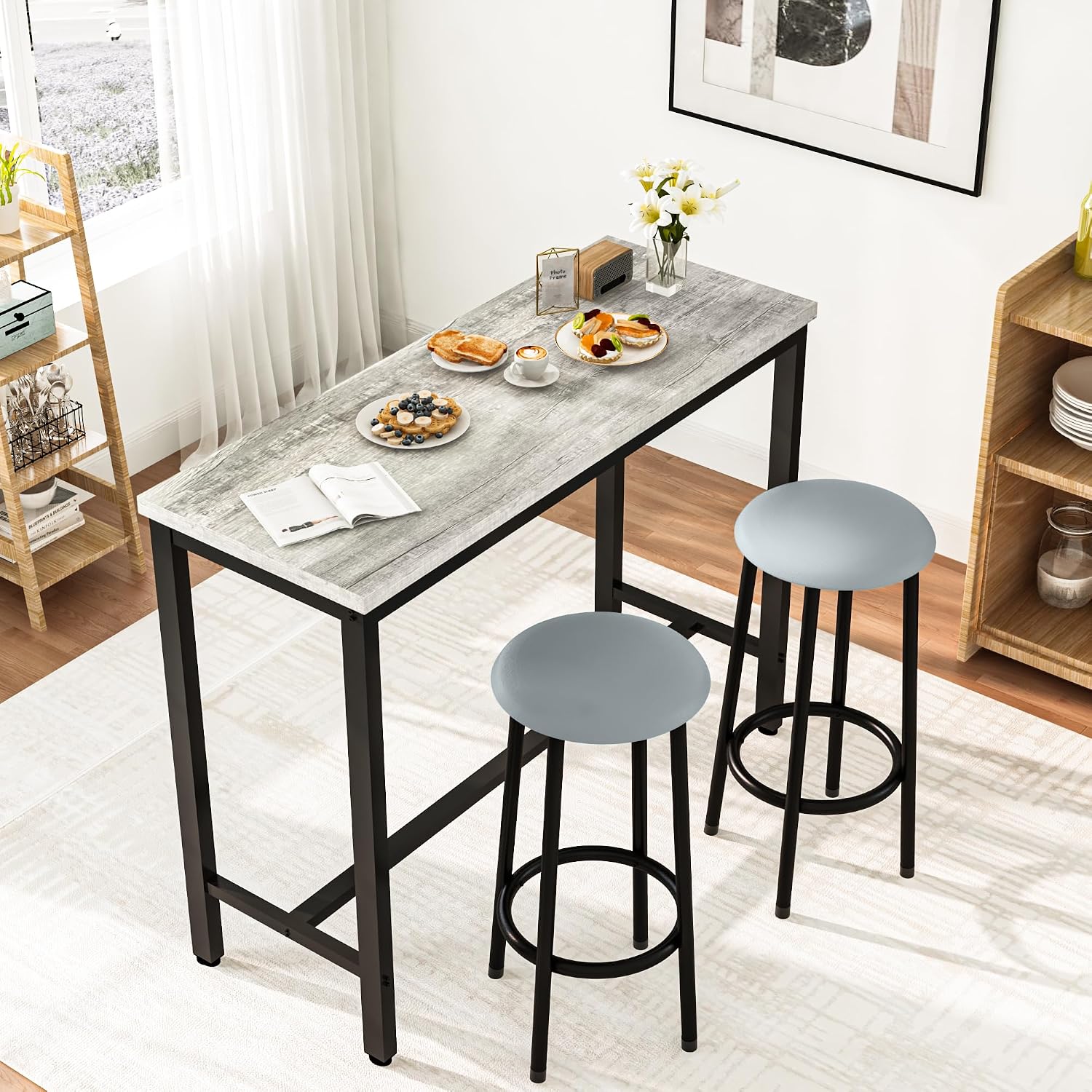 AWQM 39.3" Bar Table Set of 2,Faux Marble Pub Height Table and Chairs Set of 2 with Upholstered Stools,3 Piece Bar Table and Chairs Set Dining Table Set for Living Room,Kitchen,Bar,Grey
