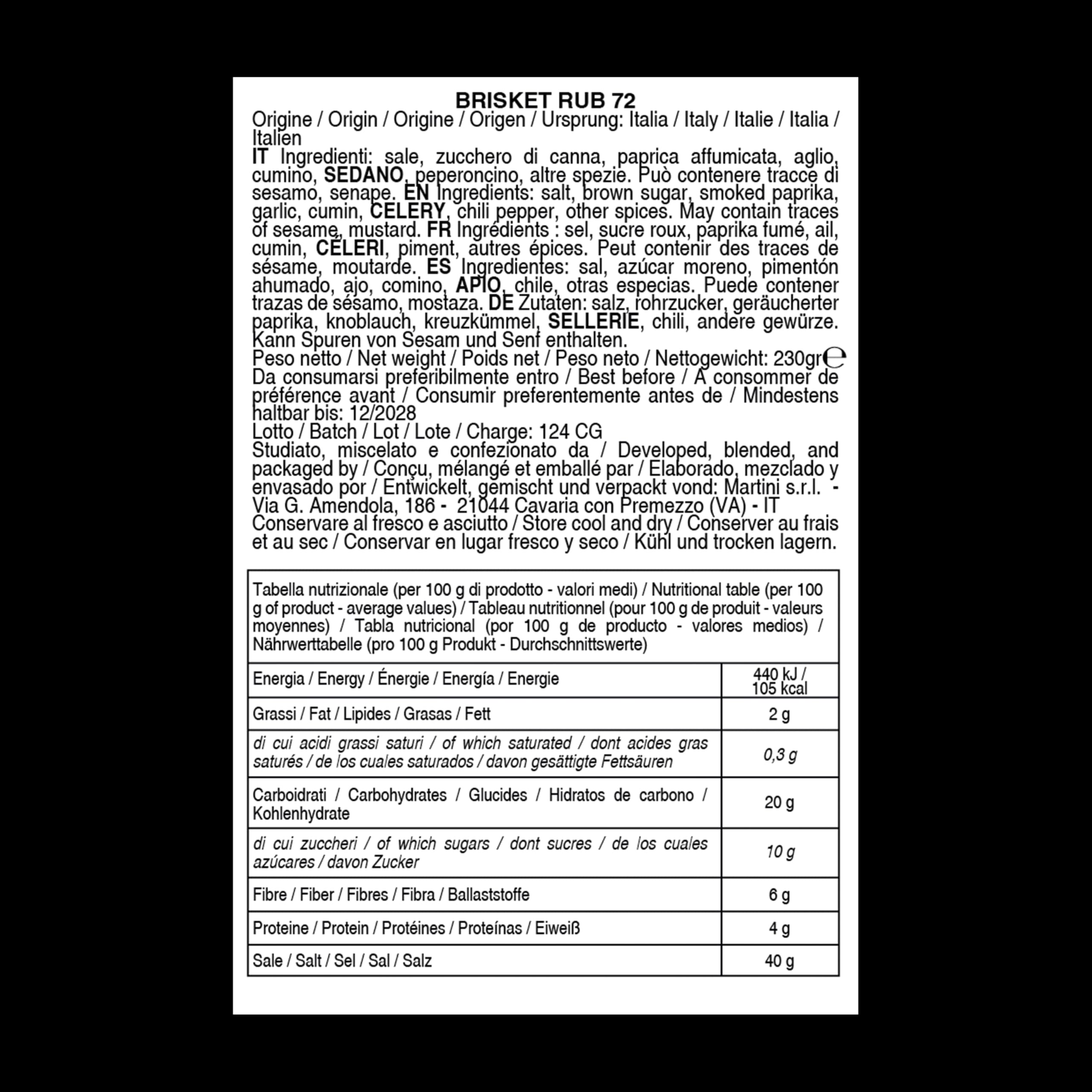Rub BBQ Brisket Bembo – 120 g - Mélange d’Épices pour Bœuf et Poitrine de Bœuf – Marinade Sèche Barbecue – Made in Italy