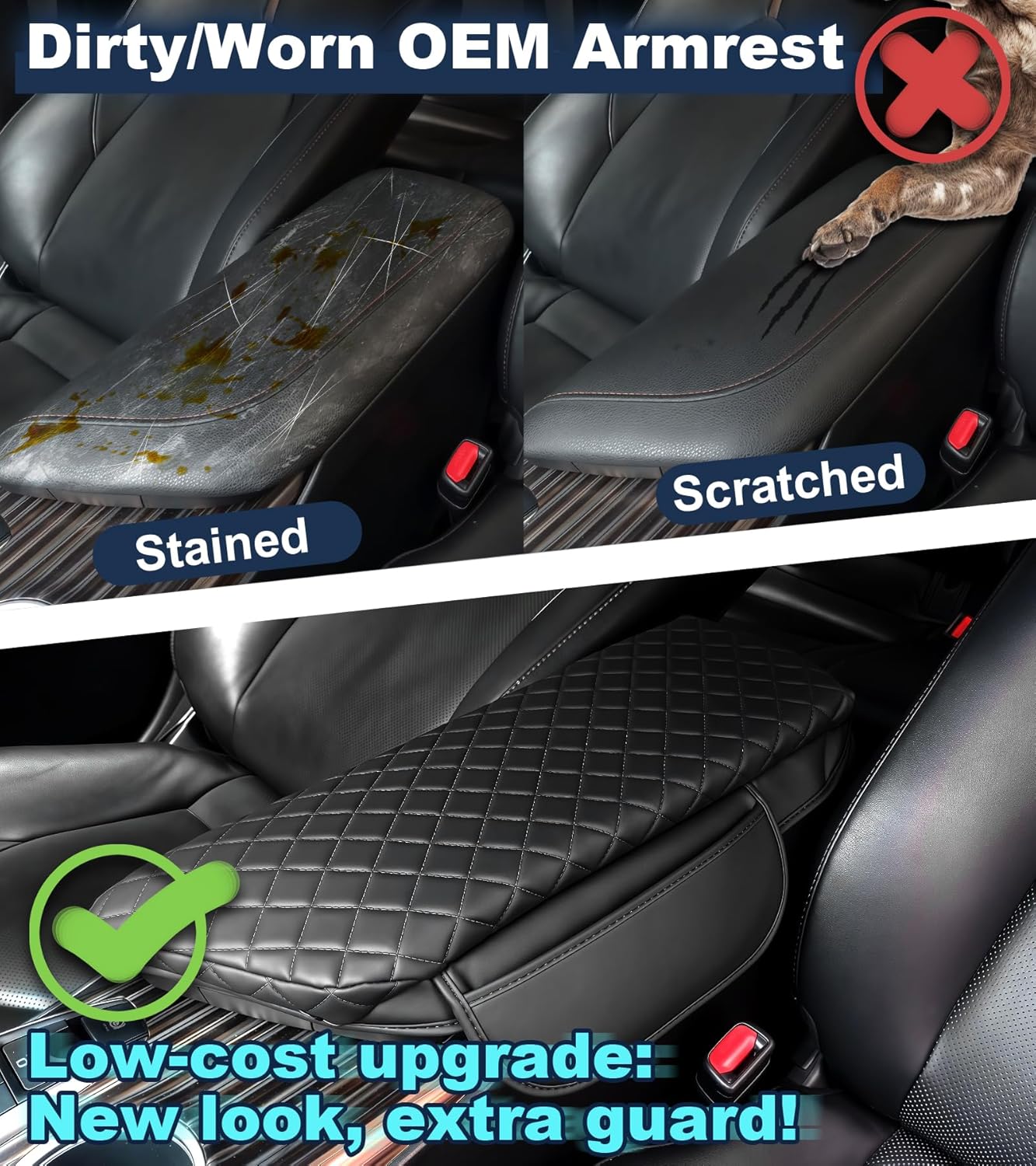 Center Console Armrest Cover for Toyota Camry Arm Rest Covers Pad with Side Pockets, Black Faux Leather Interior Accessories (for Camry 2018-2024)