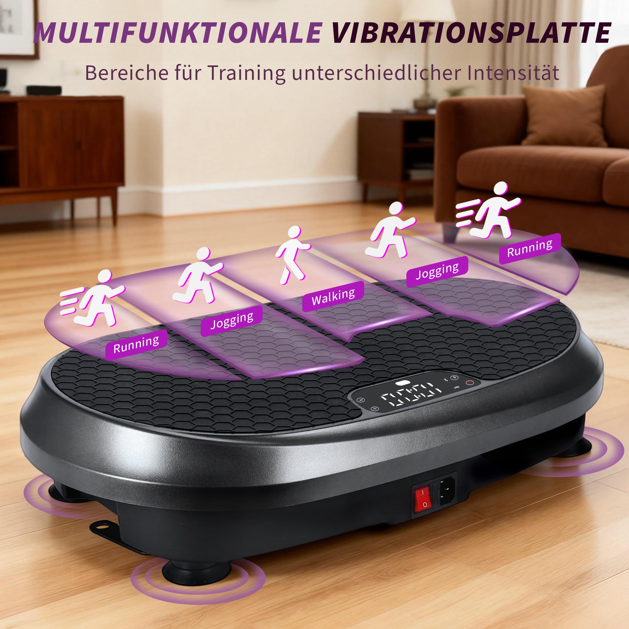 Vibrationsplatte - Vibration Plate Rüttelplatte Sport für Zuhause | Hohe Stabilität Rutschfeste Fußpads Leiser Betrieb Fernbedienung Widerstandsbänder 9 automatische Programme LED-Anzeige