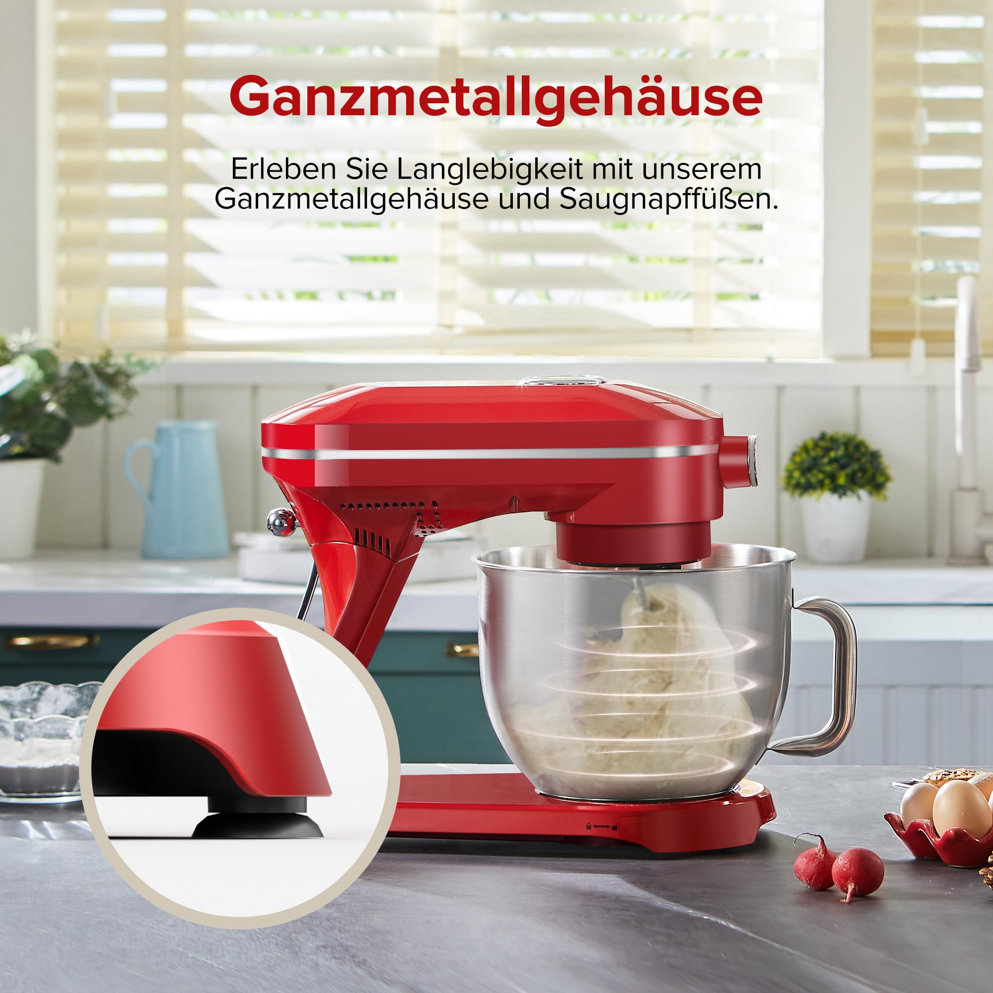 CHEFREE Impastatrice Planetaria 1800W, Robot da Cucina Grandi Multifunzione a 10 Velocità, Robot da Cucina con Ciotola da 7L, Gancio per Pasticceria, Frusta, Rullatore, Corpo in Metallo, Rosso, M500