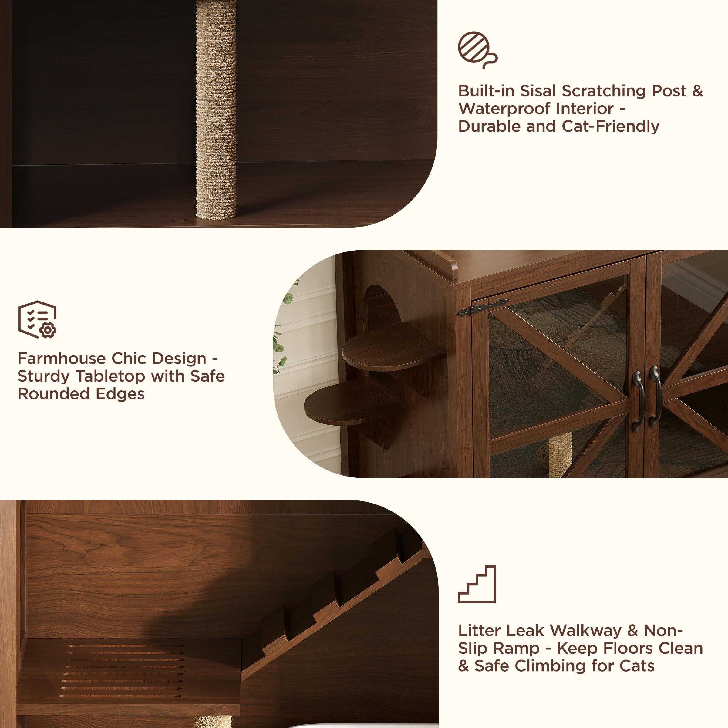Large Litter Box Enclosure with Sisal Scratch Post, Multi-Level Climbing Route, Cat Litter Box Furniture with Glass Door, Farmhouse Hidden Litter Box Cabinet, Cat Box Enclosure, Walnut - image 6
