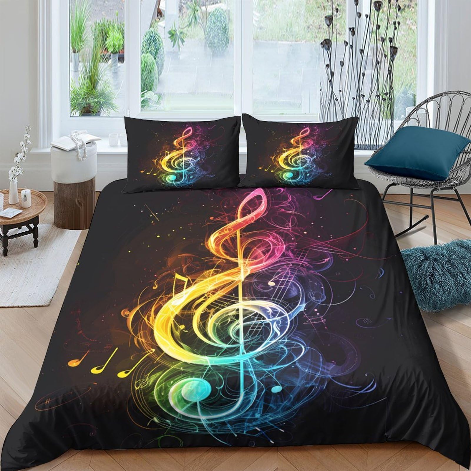 3D Printed music symbol Bed Cover Polyester vibrant neon art Bedding Cover Wrinkle Resistant Shrink Resistant for Young Adults Rental Home Teen Bedroom Use King（220x240cm）