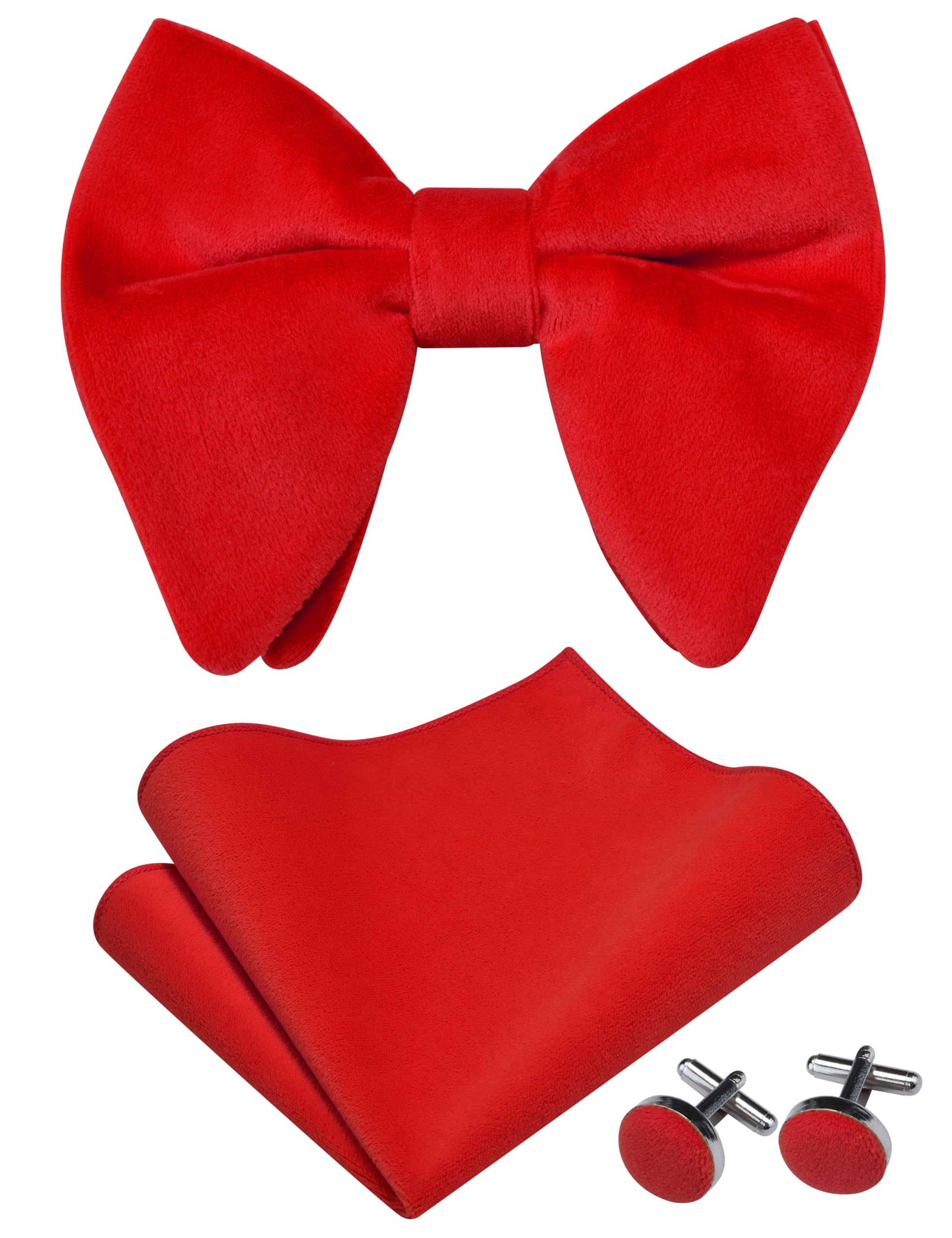 Gusleson Red Big Bow Tie for Wedding Velvet Pre-tied Bowtie and Pocket Square Cufflink Sets (UK0571-10)