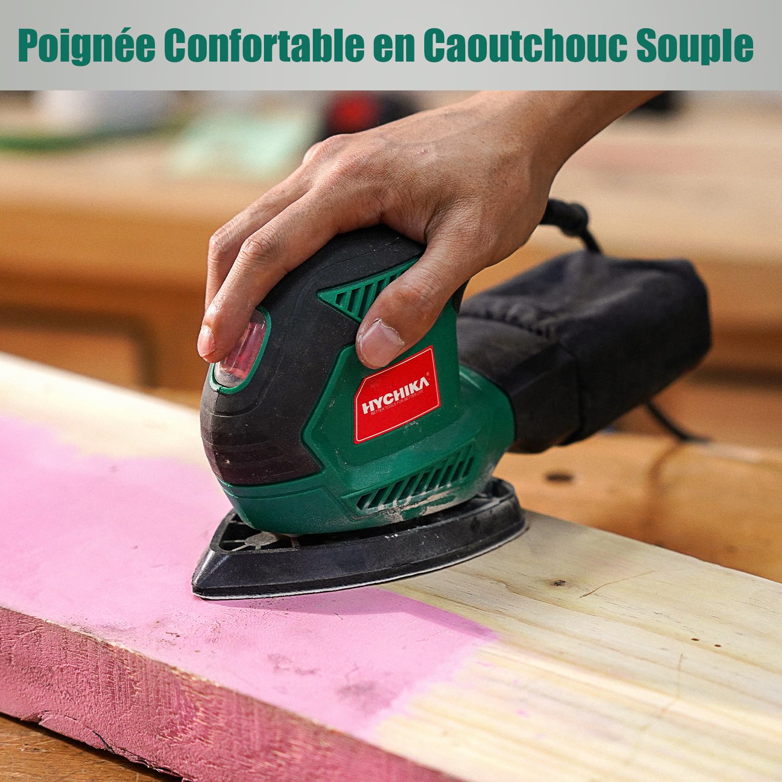 HYCHIKA Ponceuse Bois, 200W 14000RPM Ponceuse Electrique avec 12pcs Papier de Verre& Collecte de Poussière, Idéale pour Angles et Bords, Métal et Bois