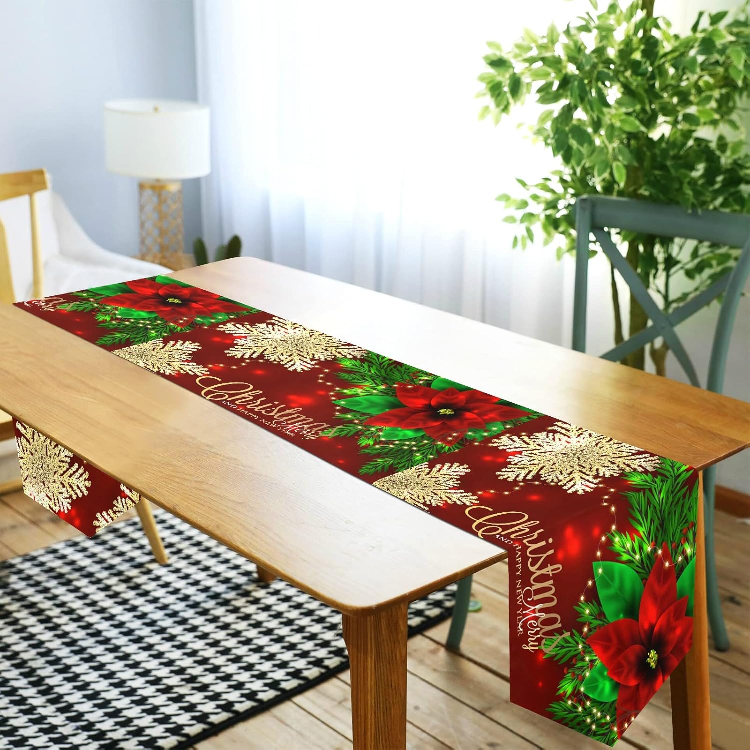 ALAZA Double-Sided Christmas Red Poinsettia Flowers Snowflakes Table Runner 14x108 Inches Long,Table Cloth Runner for Wedding Birthday Party Kitchen Dining Home Everyday Decor 36