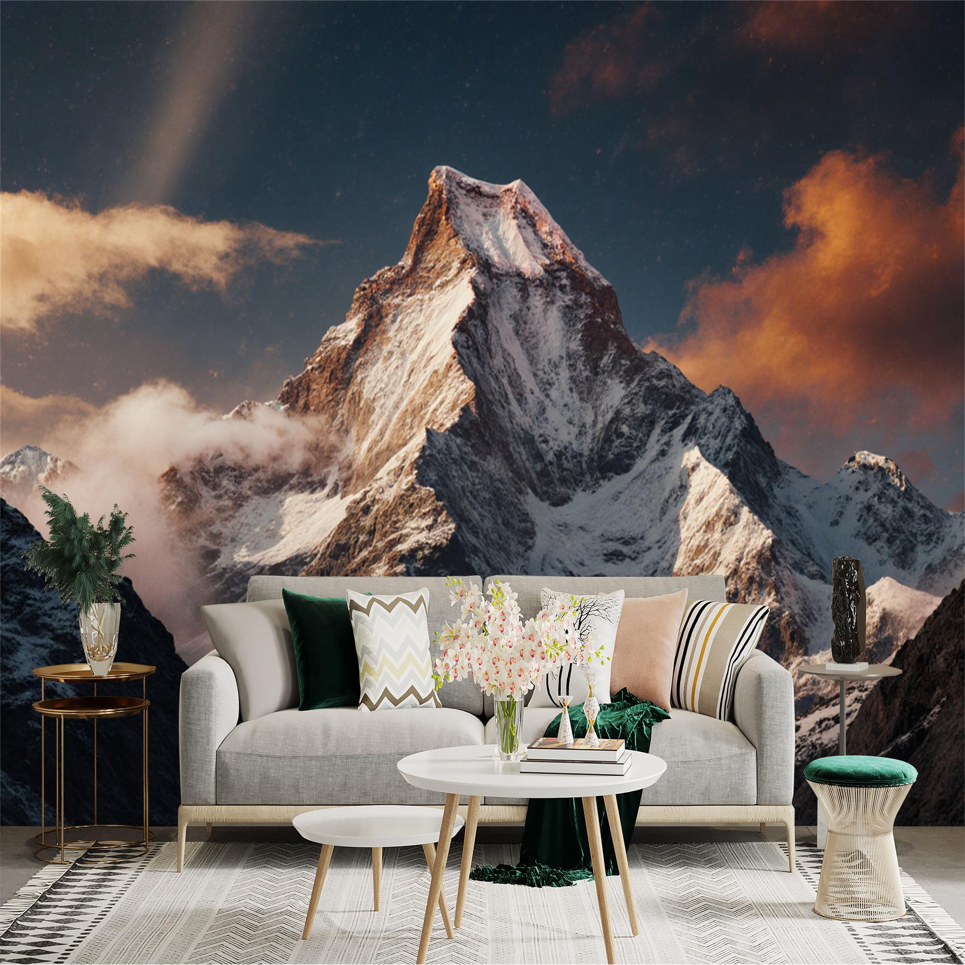 Lnzczhyre Xc260505714 Custom Size Wall Sticker Mural， Majestic Snowy Peak At Sunset， Rocky Mountain Landscape With Clouds， For Wall Decoration， Peelandstick Wall Decals.