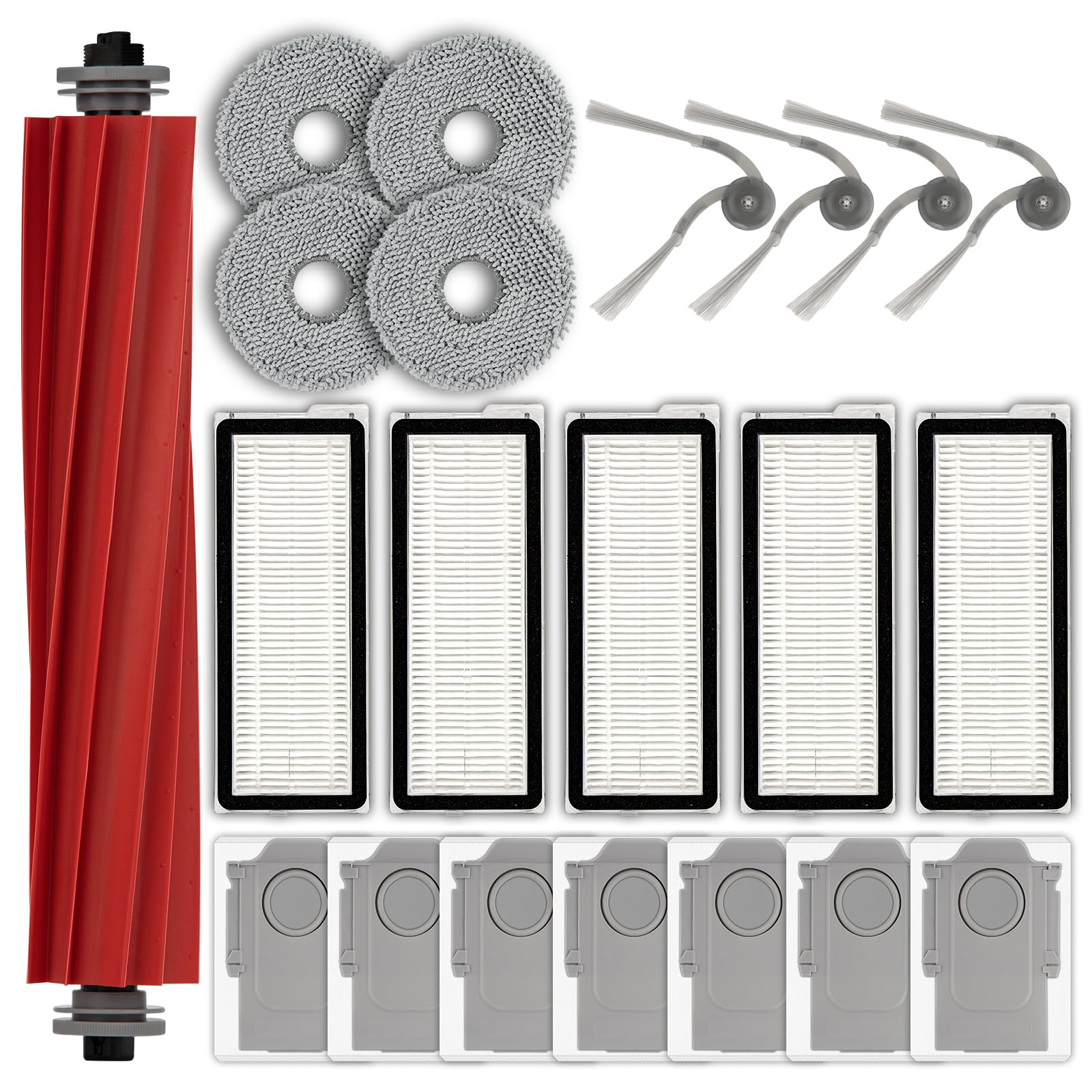 (21 Pack) QV 35S Replacement Parts for Roborock QV 35A, QV 35S, Qrevo L, Qrevo S Pro, Qrevo L Pro, QR 798, 1 Roller Brush, 4 Side Brushes, 7 Dust Bags, 5 HEPA Filters, 4 Mop Pads, Accessories Kit