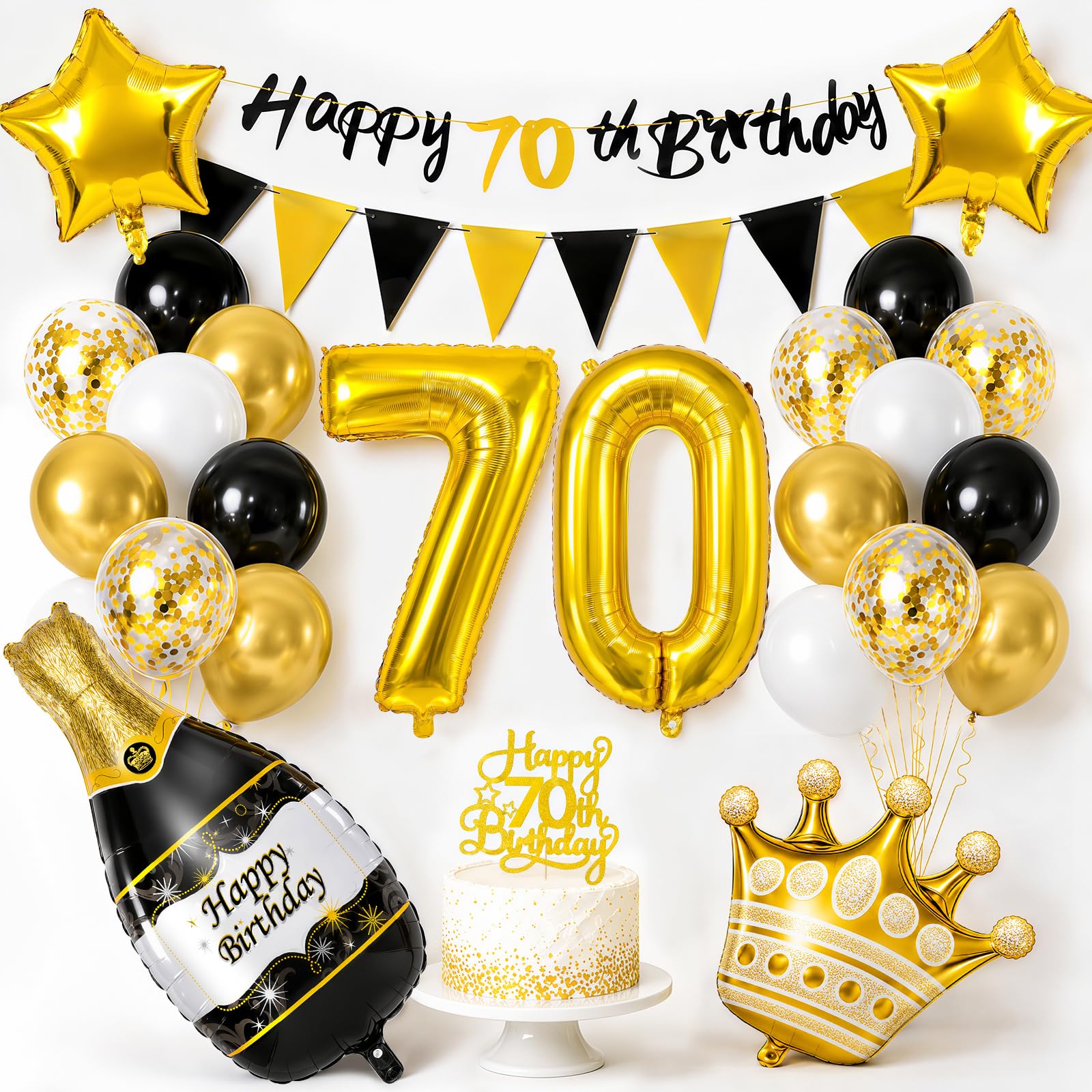 YianHien 70th Birthday Decorations for Men, Happy 70th Birthday Banner, 70th Birthday Balloons with Foil Number 70, Champagne, Crown, Star, Birthday Bunting & Cake Topper
