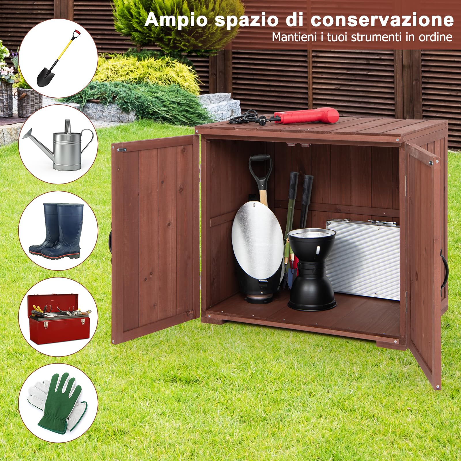 RELAX4LIFE Armadio da Esterno in Legno 77x56x72 cm, 2 Maniglie, 2 Mini Chiavistelli,in Legno di Abete,Ampio Spazio Interno e Piano di Appoggio, per Giardino, Veranda, Facile Montaggio