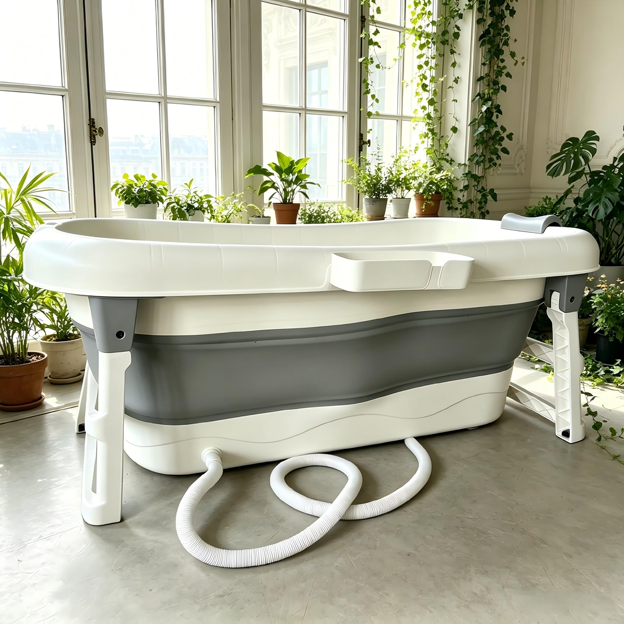Bañera plegable portátil de tamaño adulto con almacenamiento plegable con rodillos de masaje y bandeja de almacenamiento, bañera grande y reforzada, color gris, 117 cm
